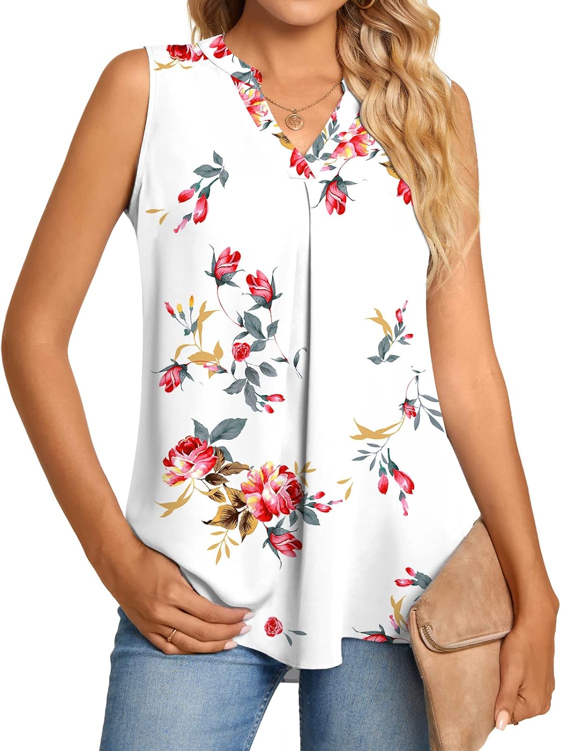 Anyhold Women's Summer Dressy Chiffon Notch V Neck Sleeveless Blouse