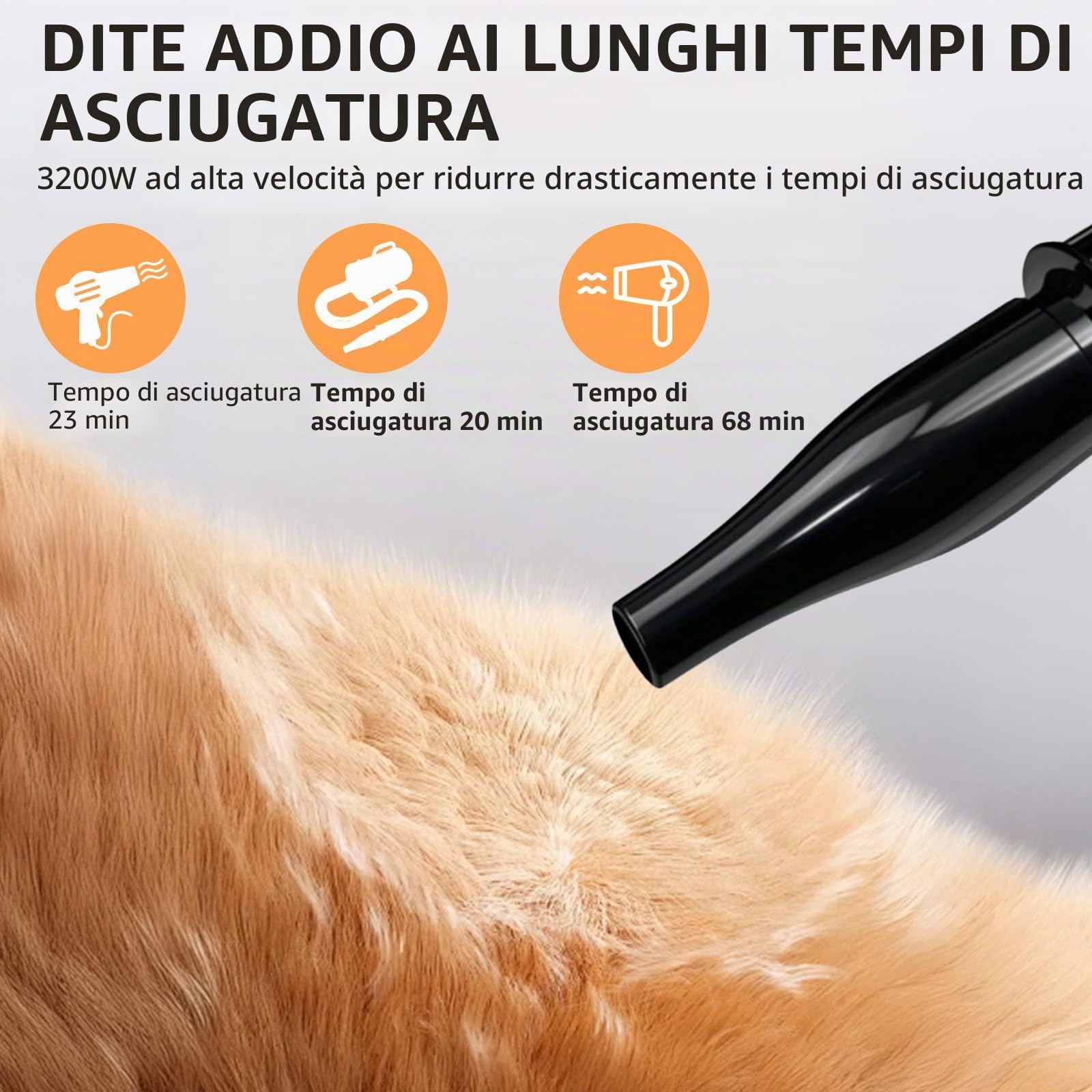 Asciugacapelli per cani, 3200 W, molto silenzioso, 3200 W, asciugacapelli per cani con velocità e temperature regolabili, 4 diversi ugelli, tubo elastico e spazzola per la cura