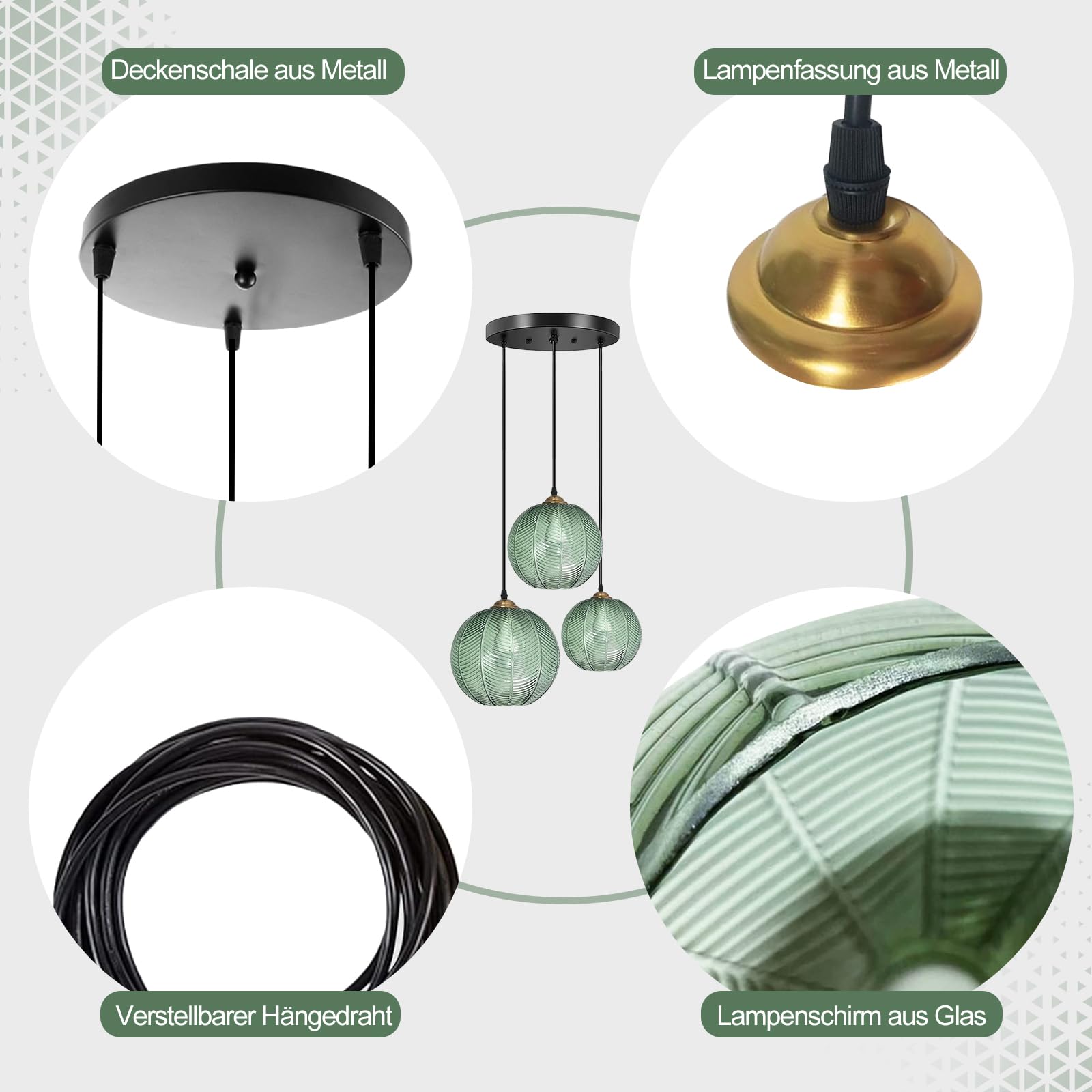 Genérico Lámpara Colte De Tres Brazos con Pantalla De Cristal Verde, Altura Regulable, Pantalla De Cristal Texturizado, Certificación Ul, Apta para Cocina, Comedor Y Sala De Estar (3 Set)