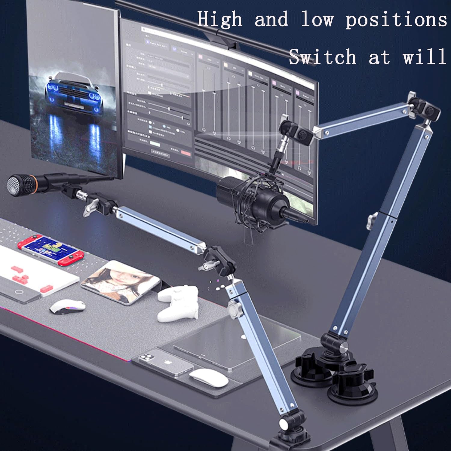 Support De Bras De Perche De Microphone, Bras De Micro Réglable À Profil Bas, Supports De Micro Rotatifs, Support En Porte-à-faux De Bureau For Studio D'enregistrement En Streaming De Podcast De Jeu