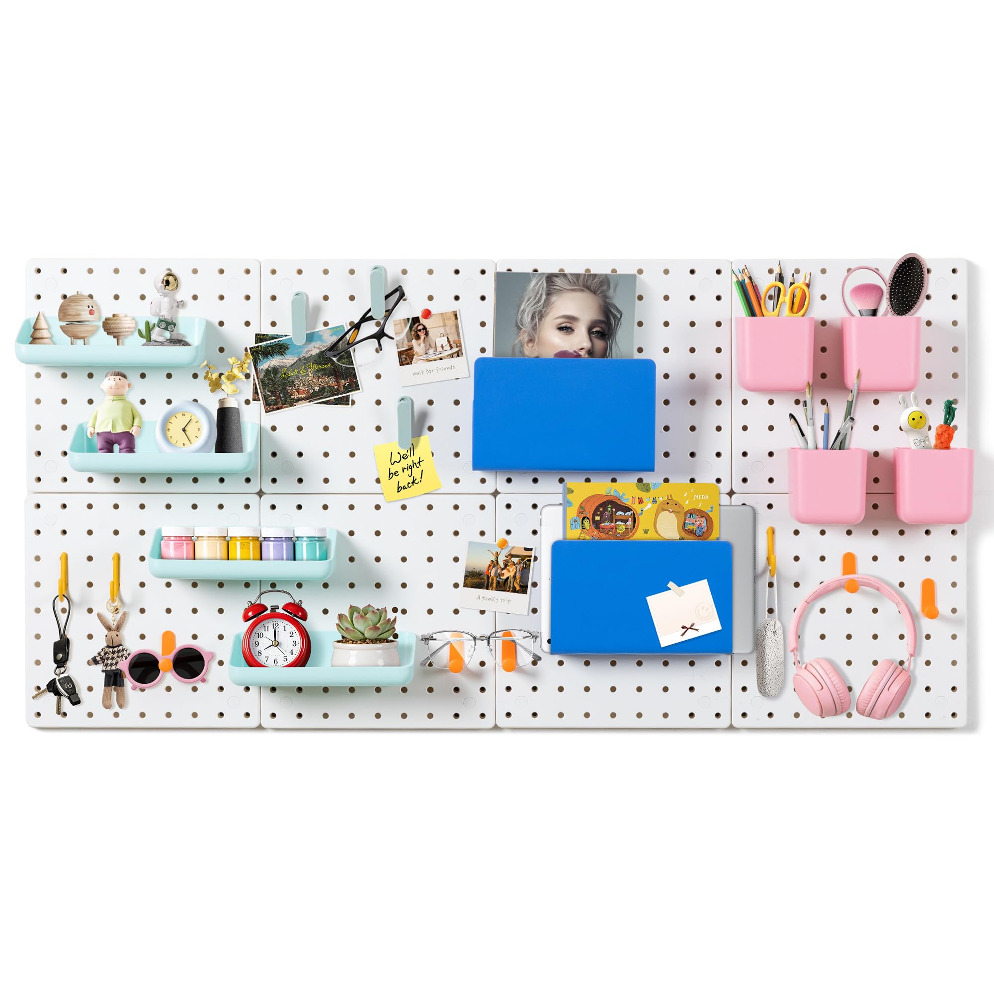 Wall Mounted Key Hooks Organizer with Pegboard Panel, 44"x22" Heavy Duty Pegboards with 2 Installation Methods, Hanging Wall Storage for Home, Garage & Office, White