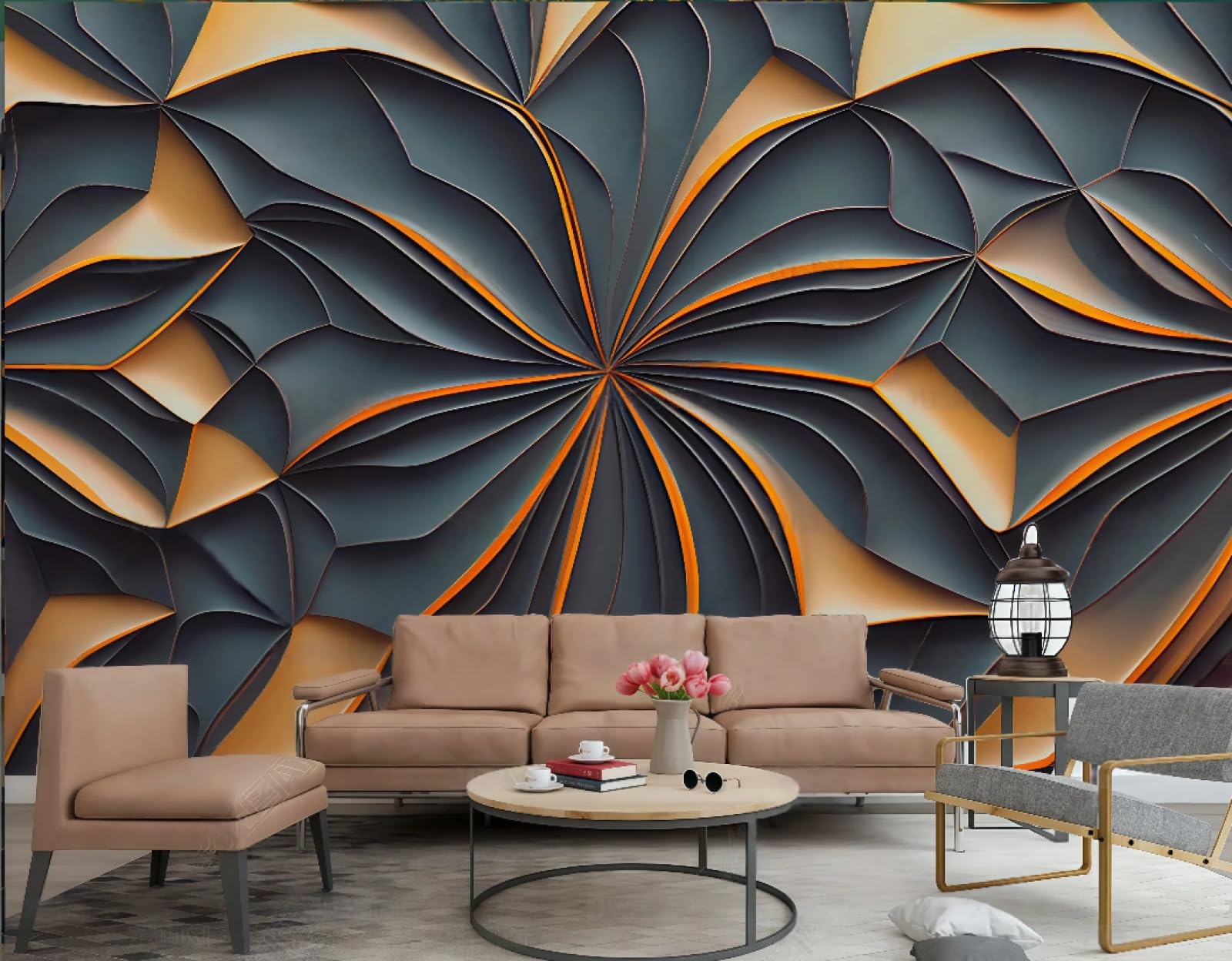 Tapeta sztuka nowoczesna linia pomarańczowy tłoczony kwiatowy ciemnozielony obraz marmurowy telewizor sofa tło tapeta ścienna salon restauracja kawiarnia, 3D, 250 x 175 cm