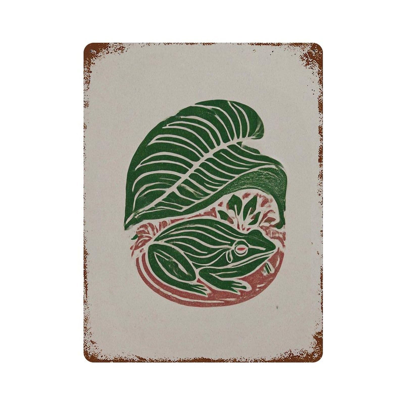 xiaoxiaoshen Frog And Leaf Linocut Botanical Animal Ehy Minimalist Hand Wall Decor Art Metal Tin Poster Modern Home Decor Art Home Bar Shop Decorations Vintage Sign 40x30cm