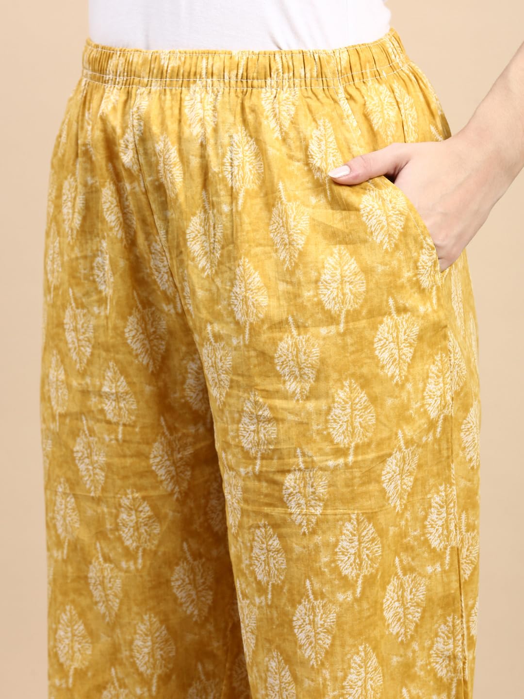 KRYPTIC Women pyjama pure cotton yellow leaf printed relaxed fit loungepant nightpant with side pocket and adjustable waist(Yellow;M) - Image 4 thumbnail