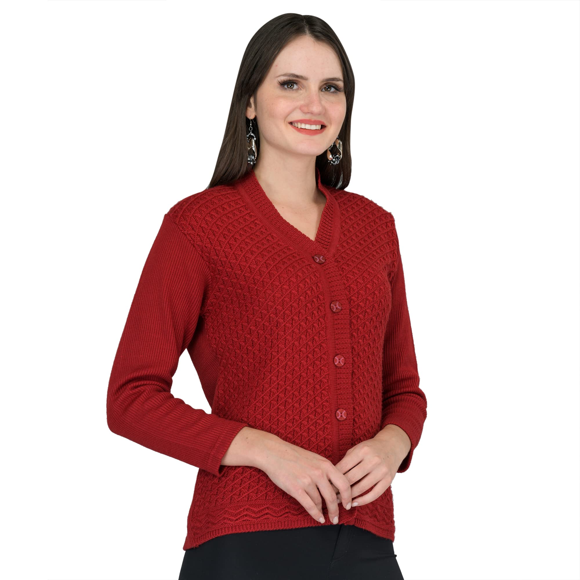 ladywillington Lady Willington Women Woolen V-Neck Self Design Cardigan Heavy Daffodil Fabric Cardigan Winter Wear Pure Wool Cardigan for Women Free Size Long Cotty Fully Warm Cardigans (M, Maroon)-picture-46