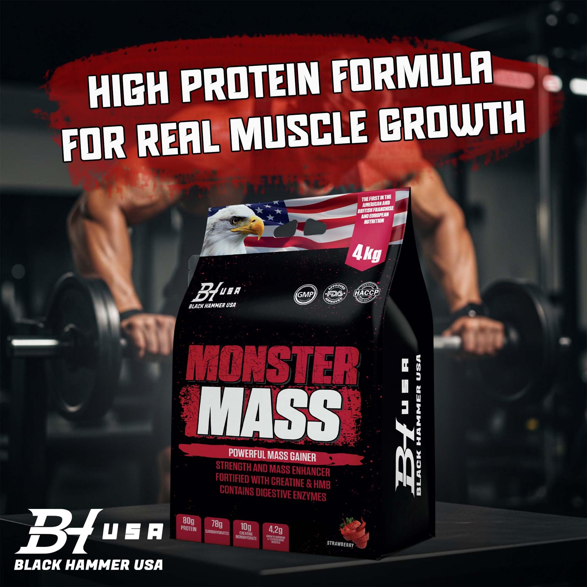 MONSTER Mass Gainer 4kg / 8kg Weight Gainer Protein Powder High Calorie Muscle Builder + FREE Nano Lemon – Black Hammer USA (4000g, Erdbeere)