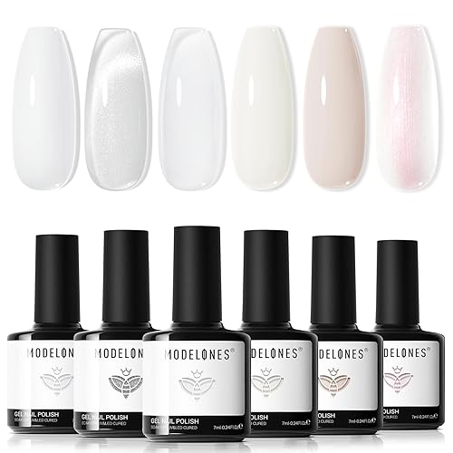 modelones White Gel Nail Polish, 6 Colors Milky White Cat