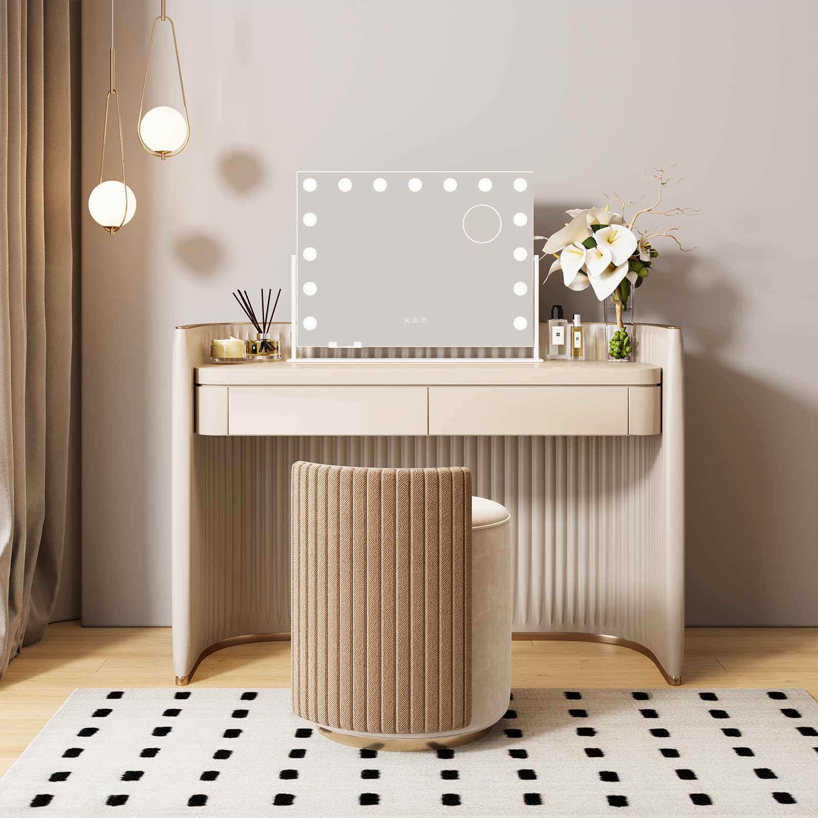 Dripex Specchio da Trucco con Luci Hollywood 15 LED, 46Lx62l cm, Rotazione a 360°, 3 Temperature di Colore, Regolazione Luminosità, Supporto per Telefono Rimovibile, Superficie Specchio: 43Lx58l cm