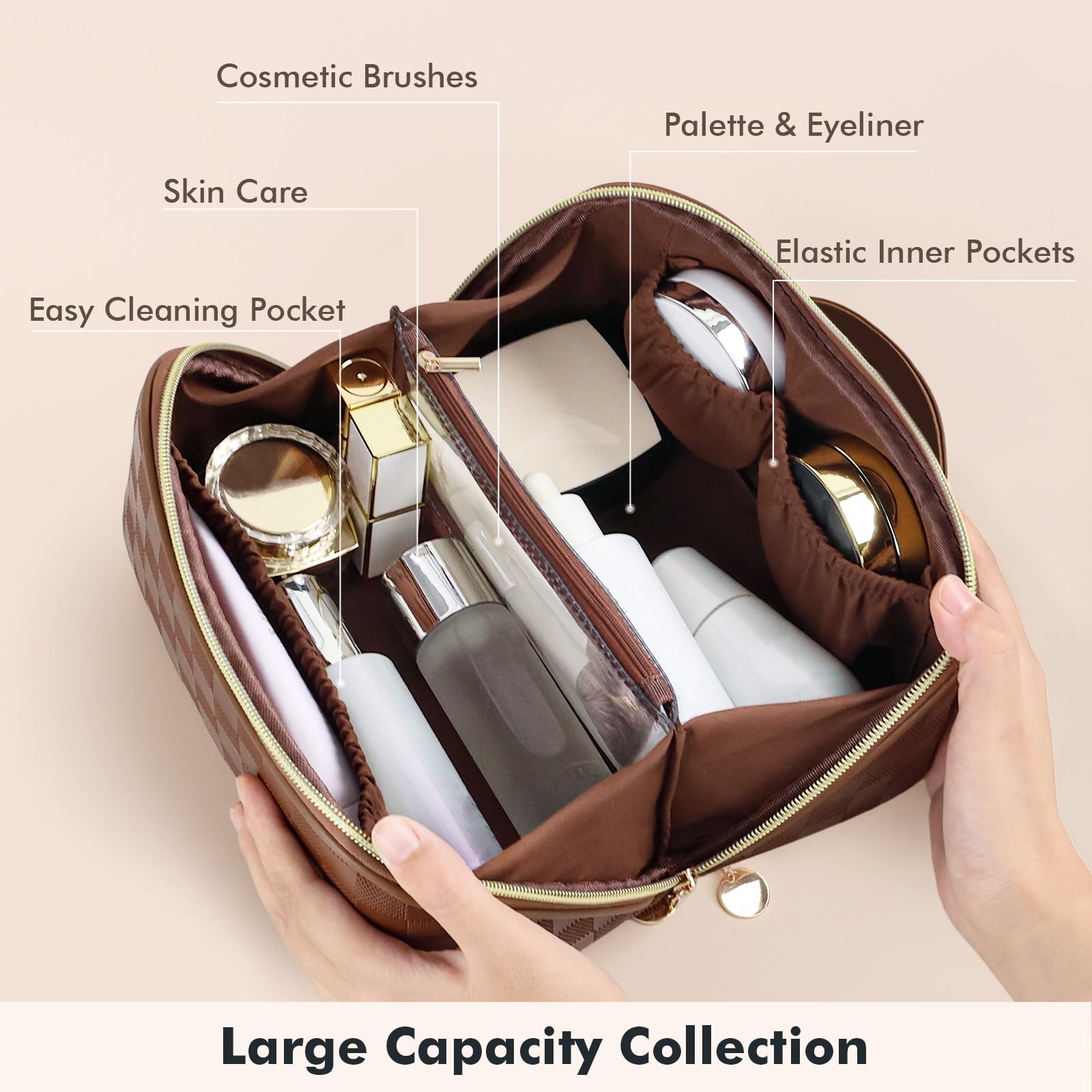 Prite Gran Capacidad Estuche de Maquillaje para Mujer Neceser de Cuero PU Vanity Impermeable para Viaje con Separador Transparente y Asa