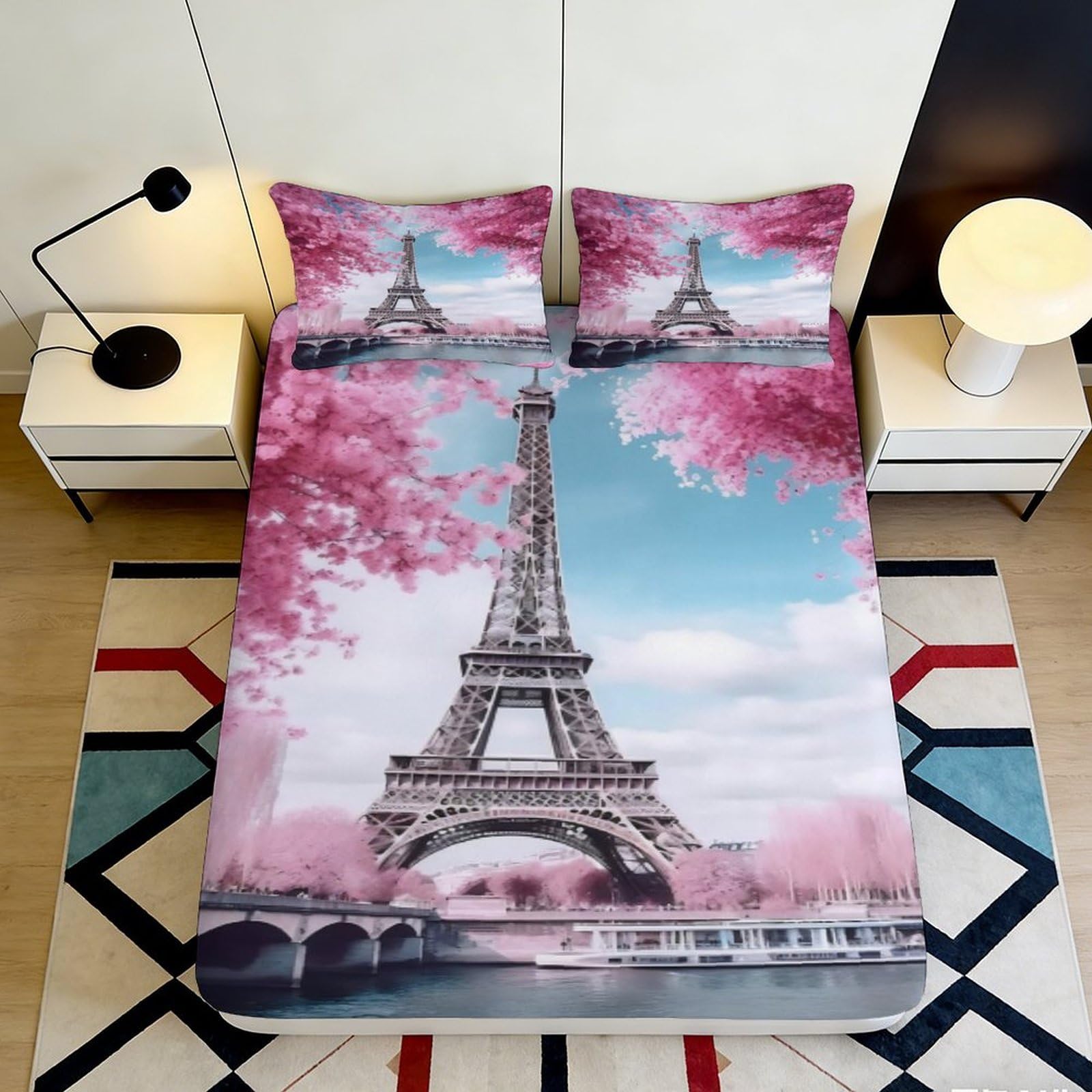 3D Printed Eiffel Tower Pink Cherry Blossom Fitted Sheet Microfiber Soft Mattress Cover for Bedroom Dorm Decor 90x200x25cm