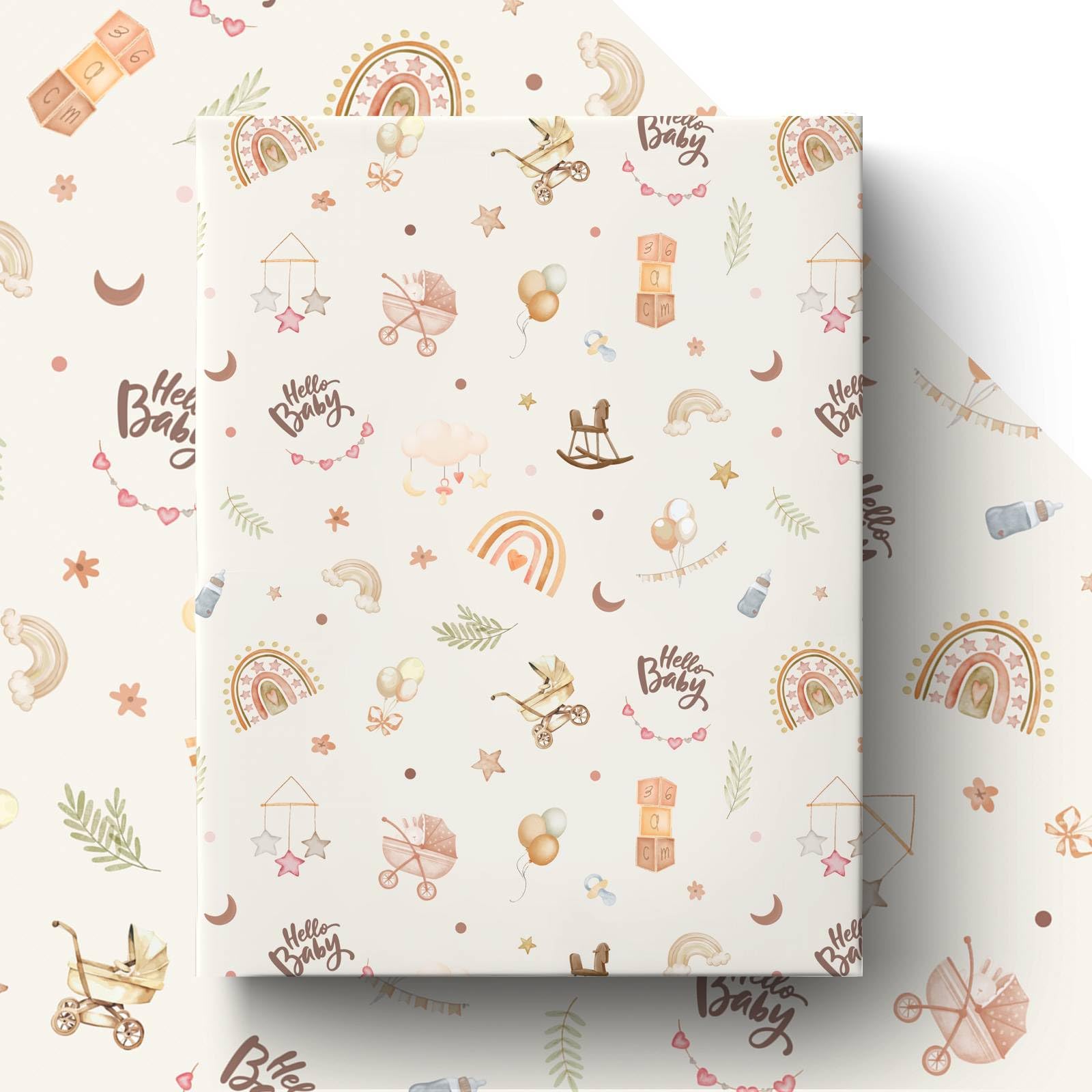 GleeWrap Neutral Baby Wrapping Paper, Boho Watercolour Hello Baby Gift Wrap