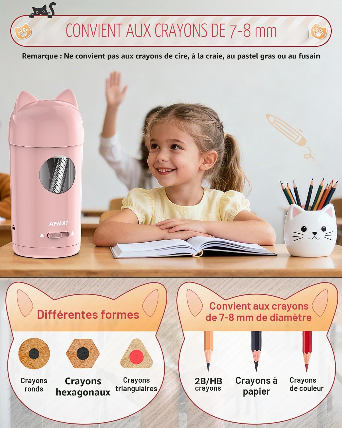 AFMAT Taille-crayon électrique entièrement automatique avec oreilles de chat, entrée et sortie automatique, rechargeable, avec récipient pour crayons de 7 à 8 mm, arrêt automatique pour la maison, le