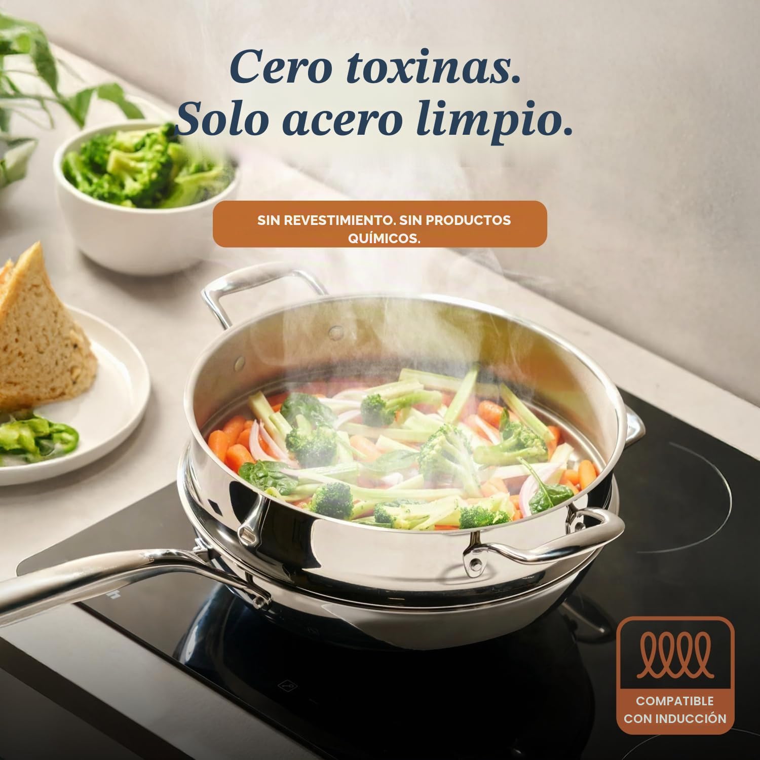 LEGEND COOKWARE Juego de ollas de acero inoxidable de 5 capas, 12 piezas, compatible con inducción, no tóxico, estructura resistente 18/8 totalmente revestida, apta para horno, incluso calefactor