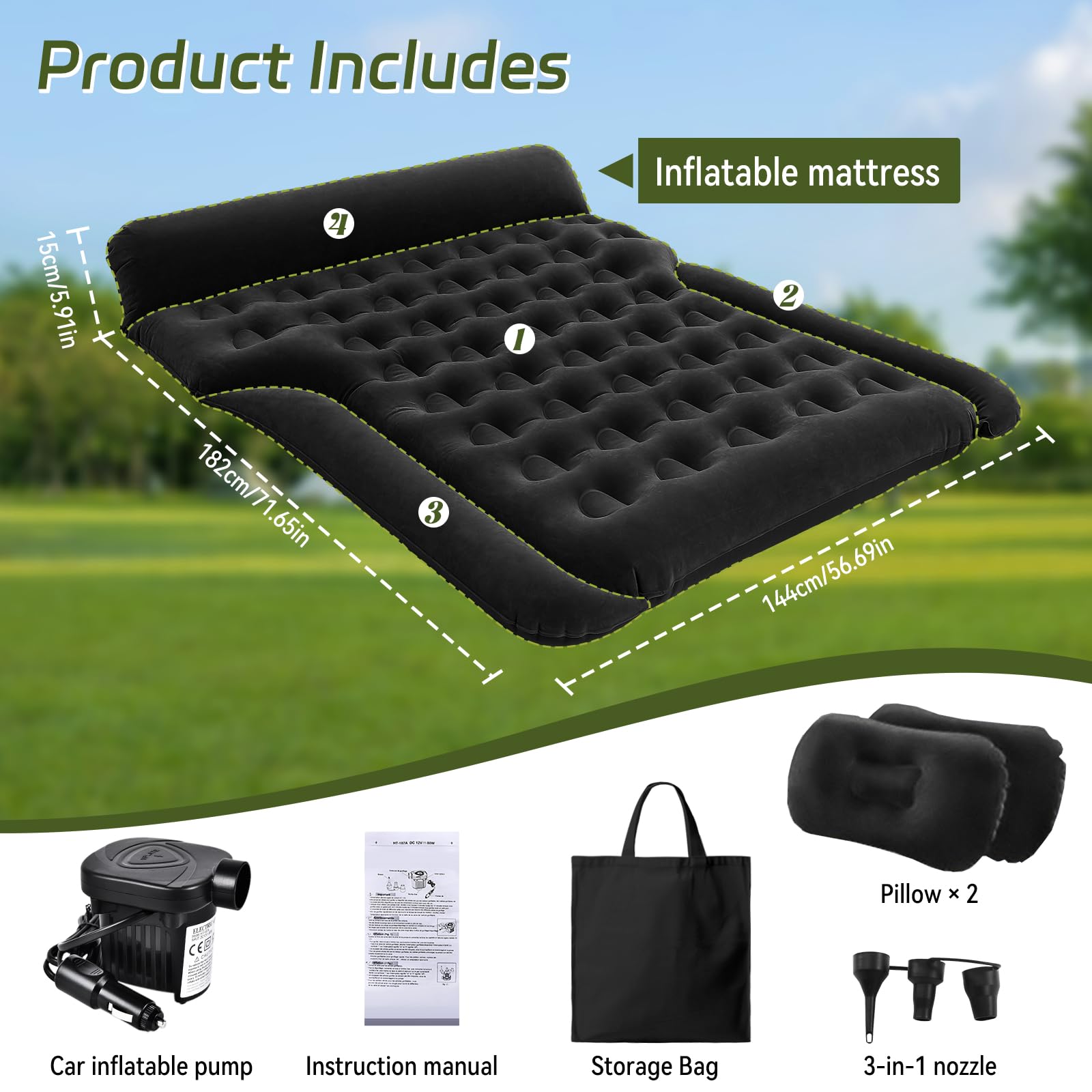 IEEILULU Auto Matratze, 182 * 144cm SUV Auto Luftmatratze mit Luftpumpe, 2 Kissen, Verdickte Beflockung Aufblasbare Auto Bett Kofferraum für Camping Reisen Outdoor