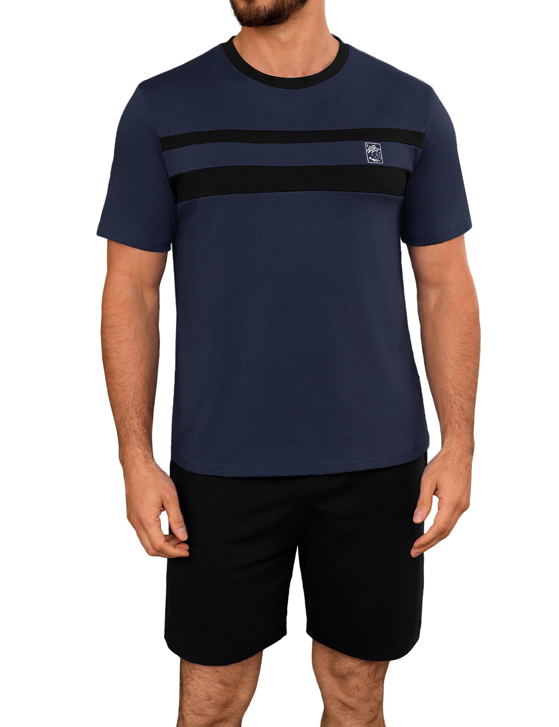 Marvmys Schlafanzug Herren Kurz Baumwolle Sommer Gestreifter Schlafanzug Zweiteilige Kurzarm Rundhalsausschnitt T-Shirt Und Shorts S-3XL