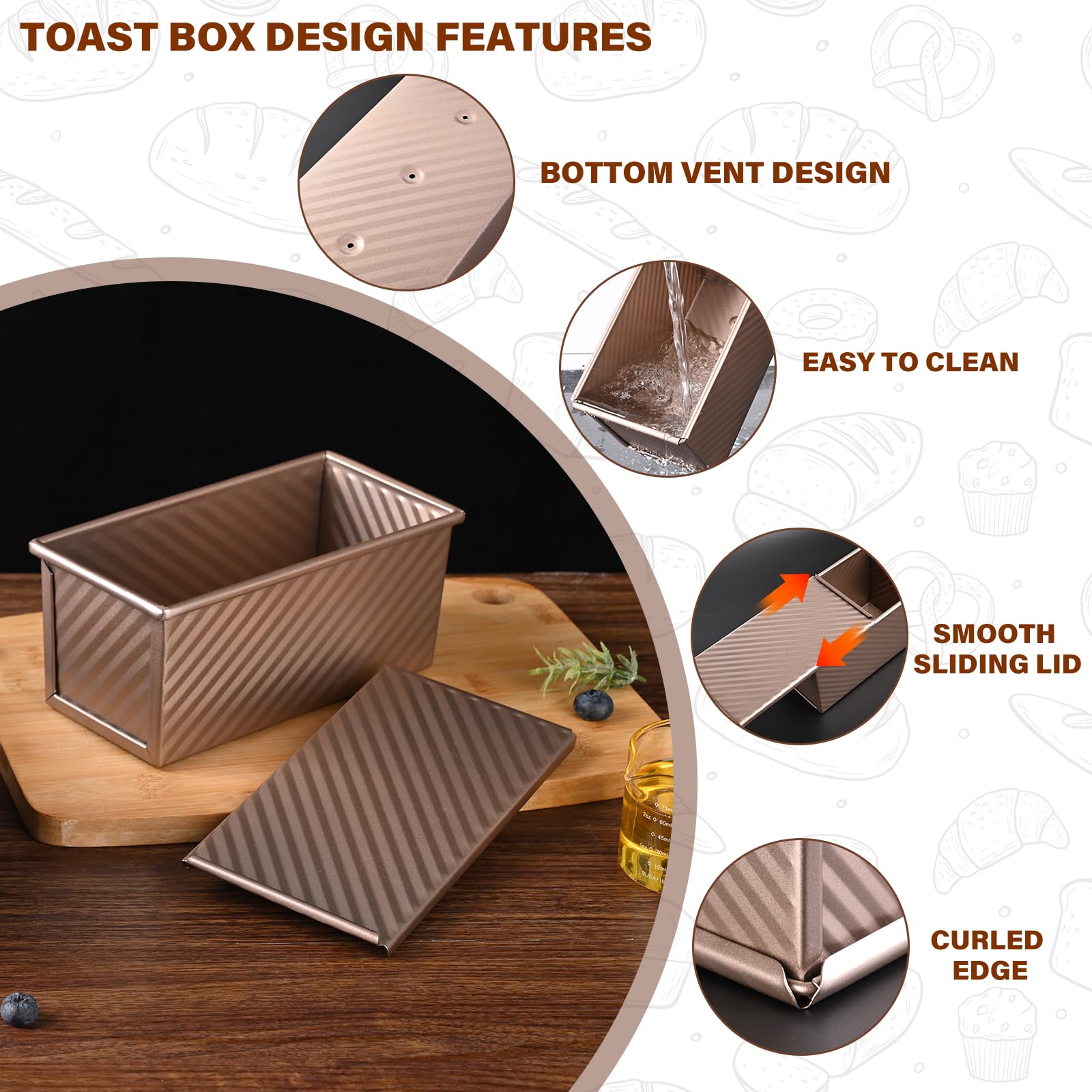 2 Pack Pullman Loaf Pan with Lid, 1 lb/0.5 lb Dough Capacity for Homemade Bread, Non-stick Corrugated Carbon Steel Bread Toast Box with Cover for Bakeware, Sandwich & Toast Oven Baking, Gold - Image 8