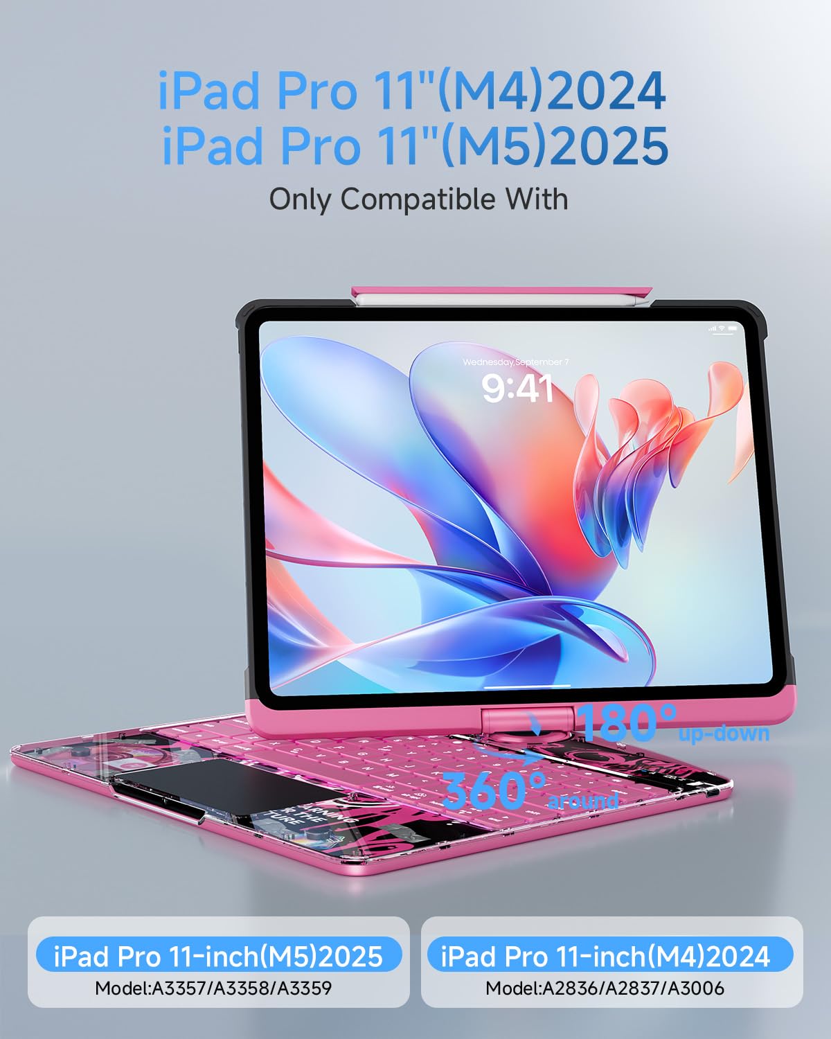 Funda con teclado para iPad Pro de 11 pulgadas (M5/M4, 2025/2024), iPad Pro de 11 pulgadas con trackpad multitáctil, rotación de 360° y soporte para lápices, rosa
