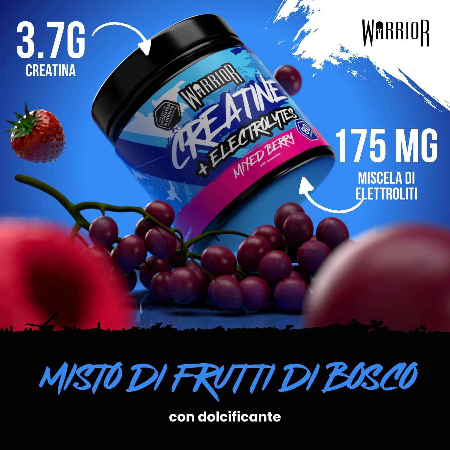 Warrior Creatina Monoidrata + Elettroliti Polvere 360 g, 80 Porzioni – Creatina in Polvere con Sali Minerali, Intra Workout per Massa, Idratazione e Sport, Senza Zucchero – Mix di Frutti di Bosco