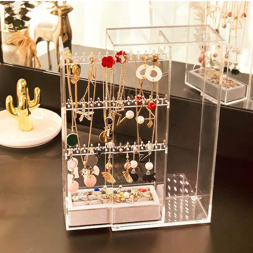 Caja de Almacenamiento de Joyas de acrílico, Expositor de Pendientes, Bandeja con cajón, para Anillos, Collares y Pulseras, a Prueba de Polvo.
