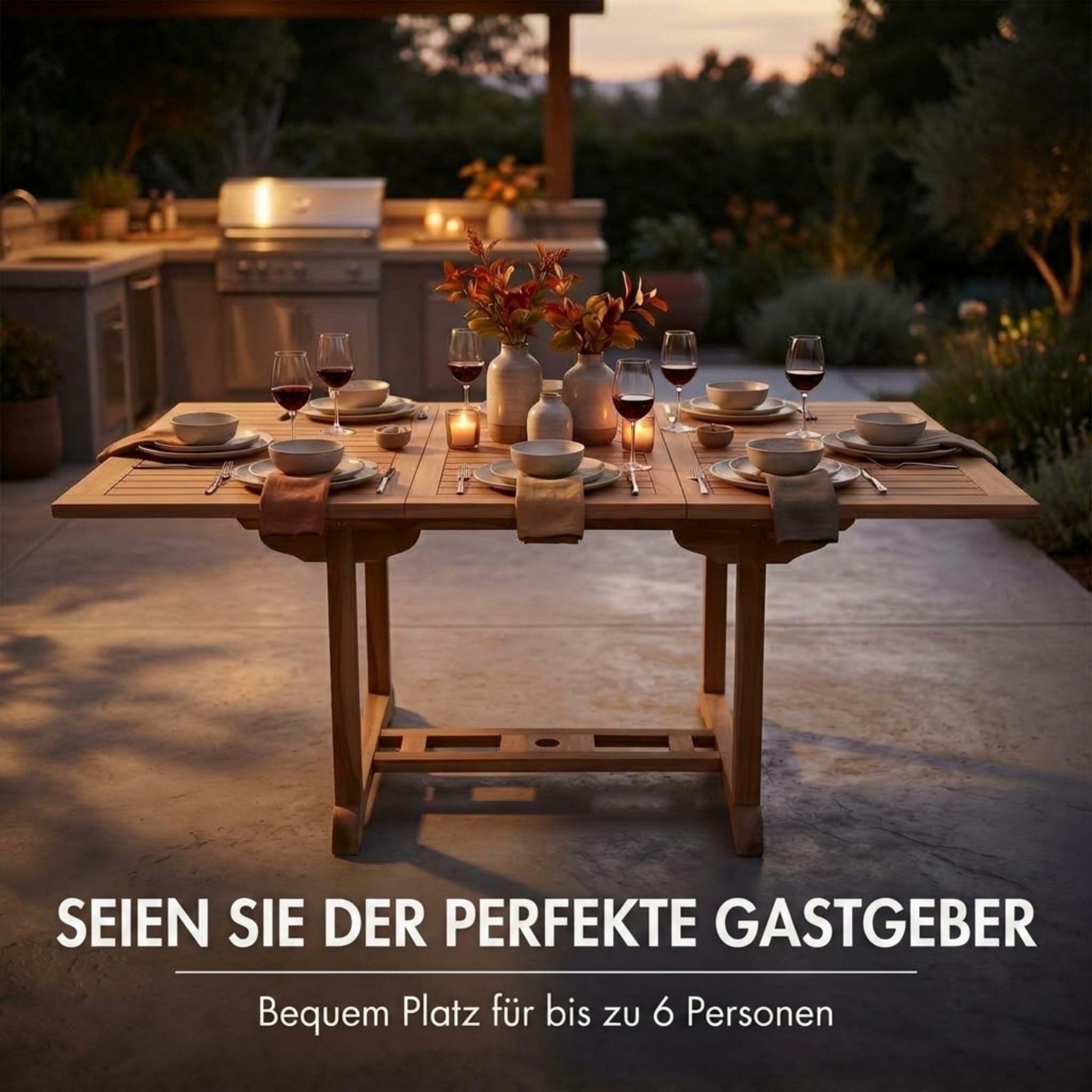 SAM Premium Gartentisch ausziehbar Madera, Garten Tisch aus Teakholz 120-170 x 120 cm, wetterfester Terrassentisch mit Schirmloch, rechteckiger Holztisch für Garten Terrasse, massiver Holz Esstisch