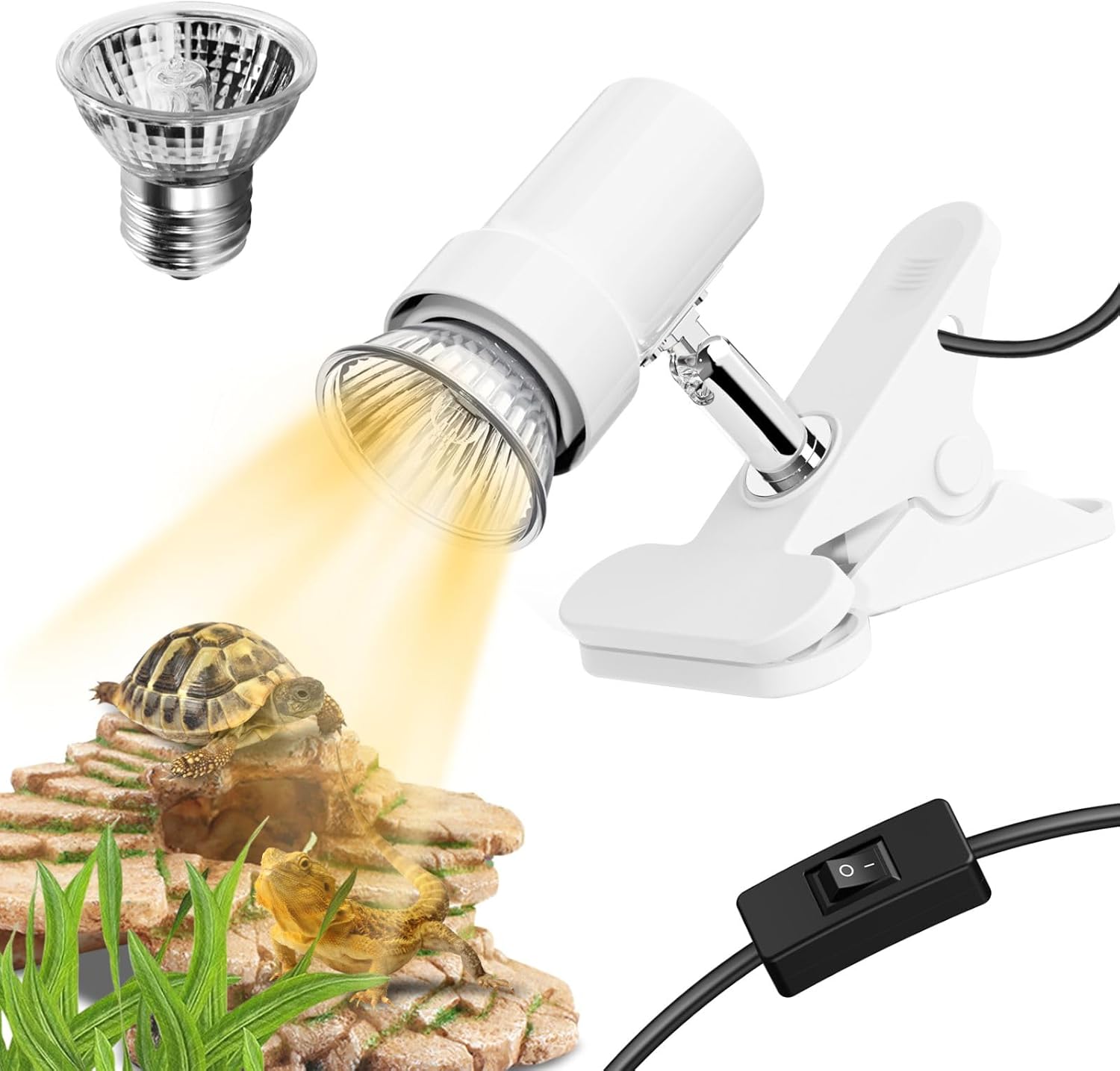 GOZILLA Reptile Heat Lamp, Turtle Lamp with 50W UVA/UVB Turtle Light Bulb, 360°Rotatable Clip Reptiles Basking Light for Amphibian and Reptile Tanks, Terrariums, Cages.(White)