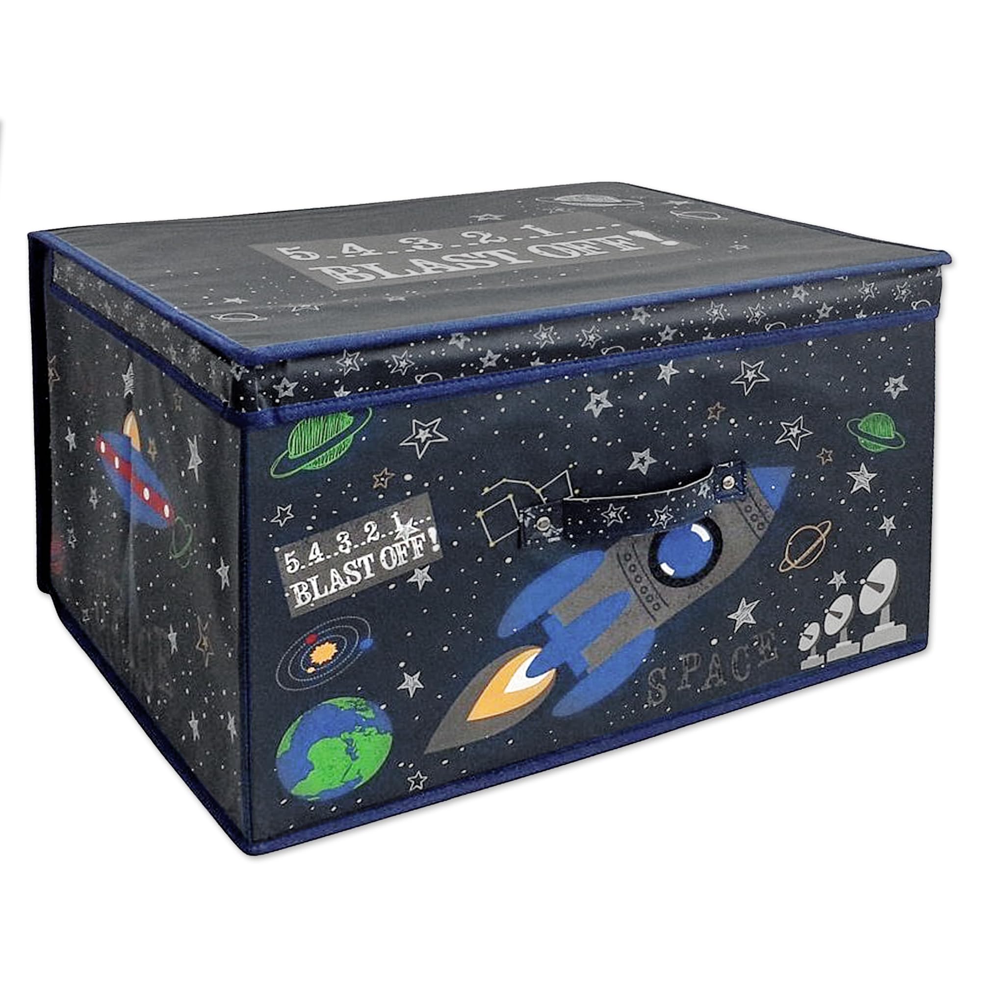 The Magic Toy Shop Large Foldable Kids Toy Storage Box with Lid - Black Colour and Space Design - Collapsible Fabric Organizer for Childrens Toys, Crafts, Clothes - for Boys & Girls Bedroom 50x30x40cm