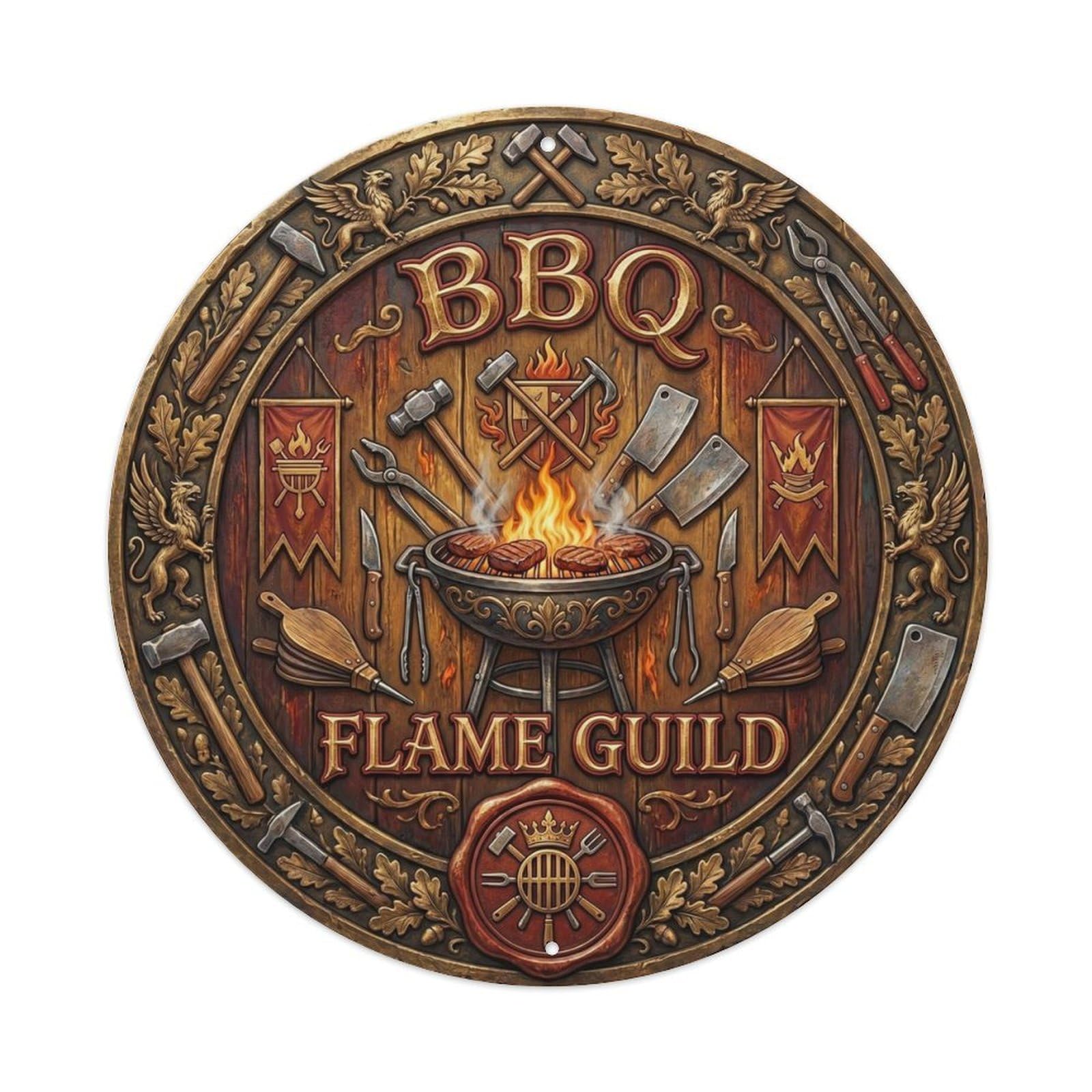 BBQ Barbecue Flame Guild Vintage Metal Tin Sign Plaque Wall Decor for Cafe, Club, Garden Round Metal Poster 8x8Inch