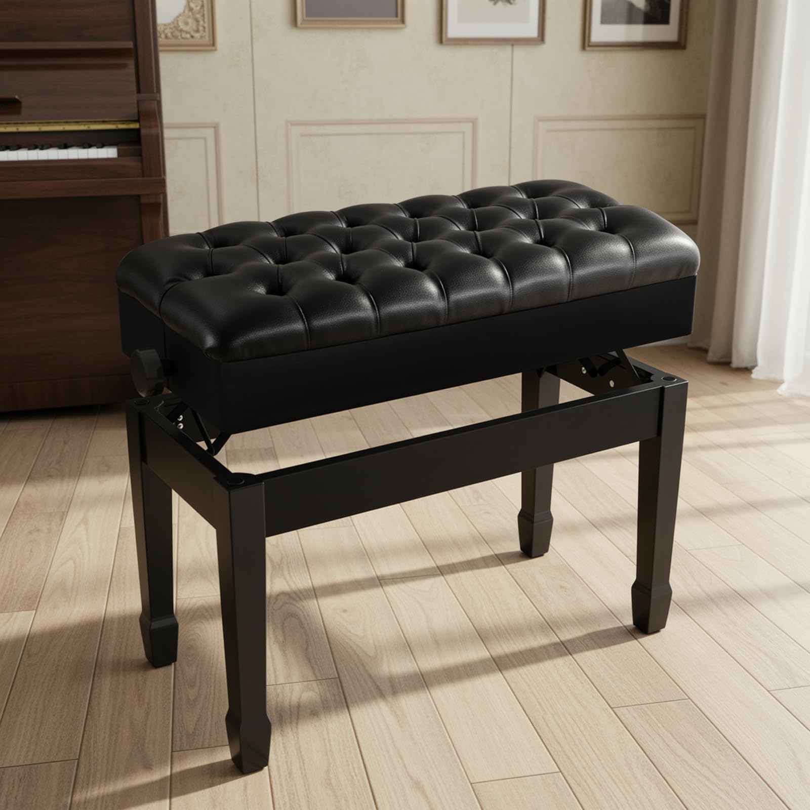 Clevich Doppelte Klavierstuhl höhenverstellbar 50-58 cm, Pianobank mit Stauraum, Klavierbank mit PU Lederkissen, Robuste Klavierhocker aus massivem Holz mit gebogenen Beinen, Bis 200KG, Schwarz