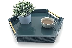 Modern Teal Hexagon Ottoman Tray with Polished Metal Handles for Decor and Storage