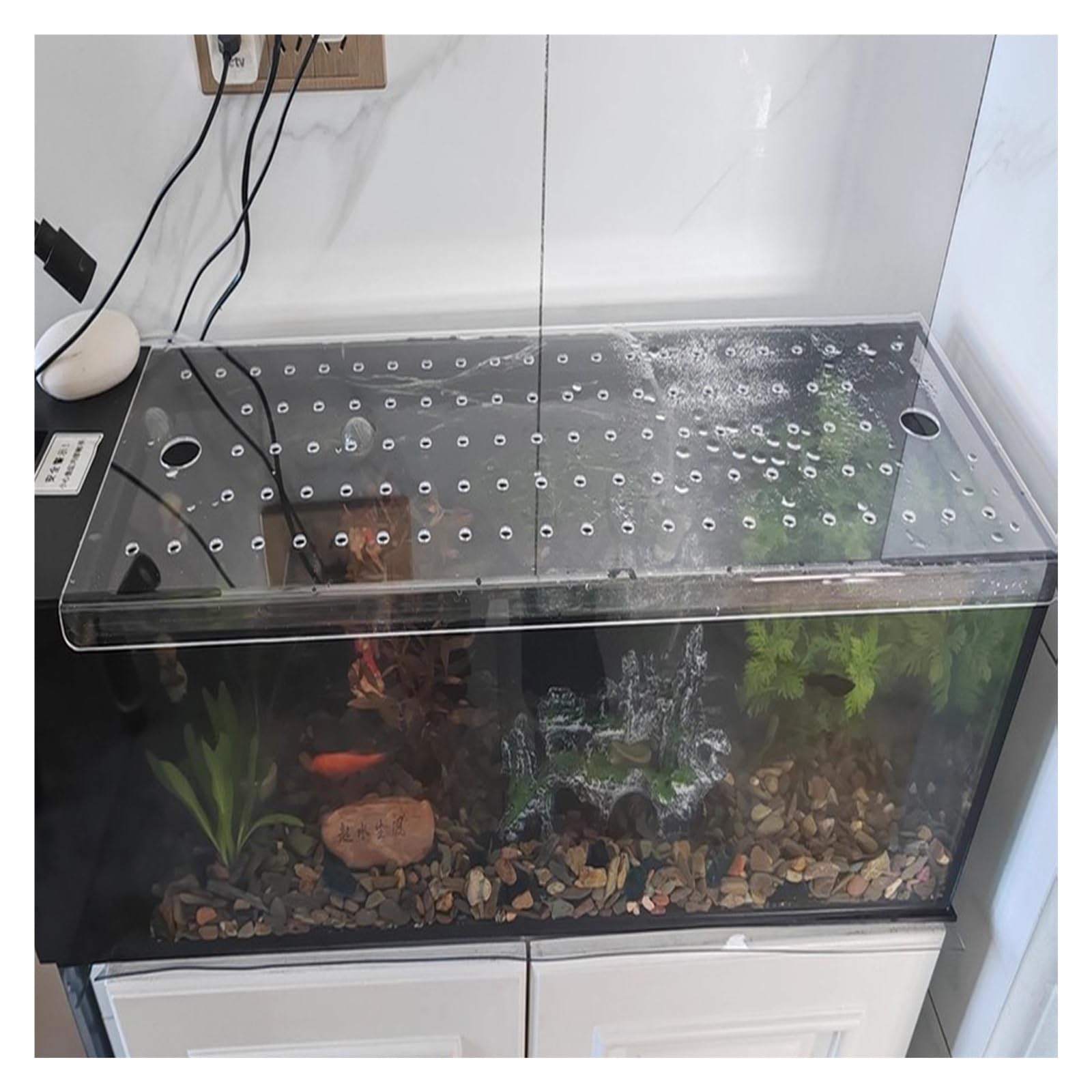 Katzowen Tapa antisaltos cuadrada personalizada para acuario con puerto de alimentación, cubierta acrílica transparente para pecera, evita que el gato atrape peces (largo x ancho 119,4 x 40,6 cm)