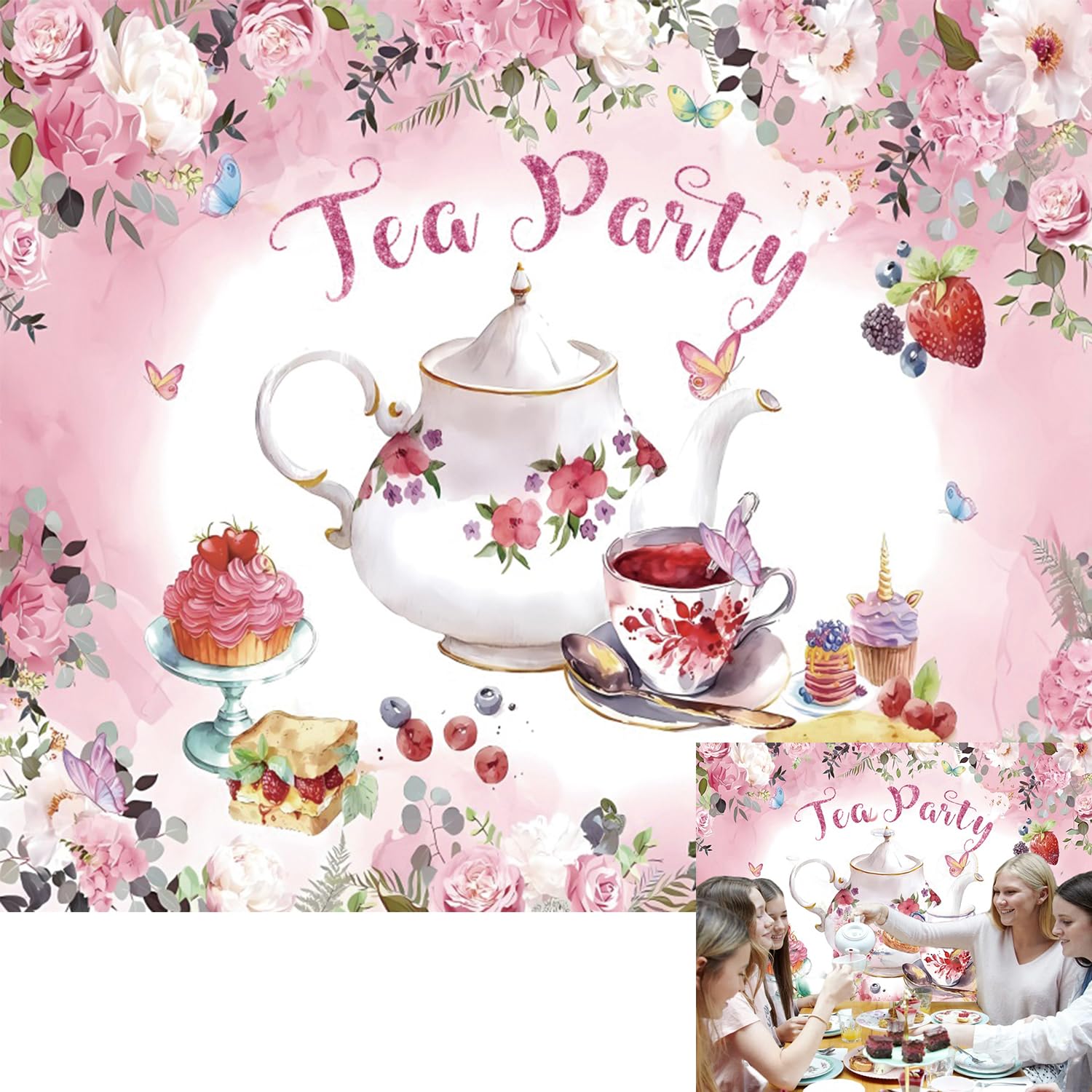 Tea Party Backdrop Let's Partea Tea Party Backdrop Pink Rose Floral Teapot Photography Background Sweet Girl Afternoon Tea Princess Birthday Party Cake Table Decoration 10x8ft
