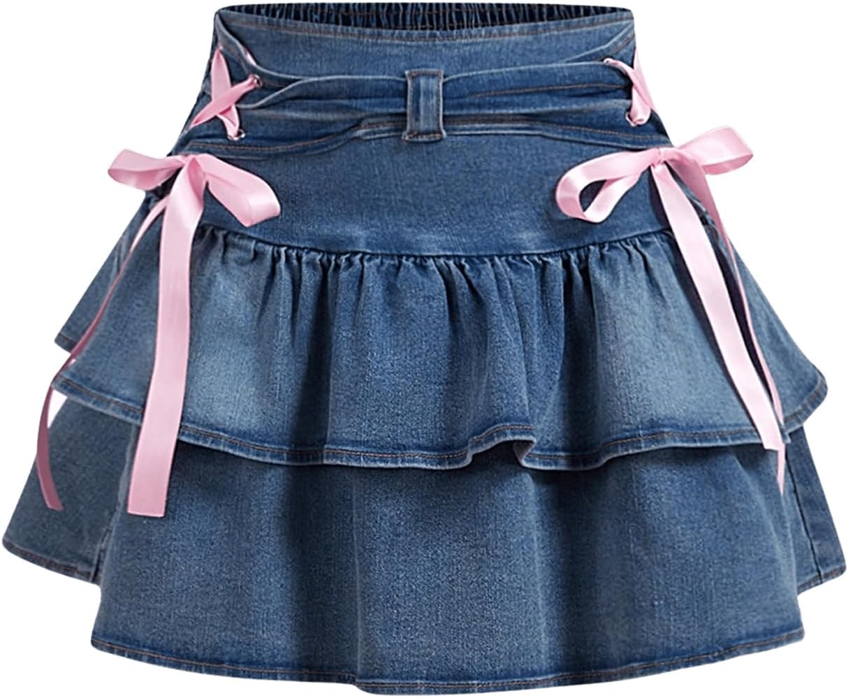 MakeMeChic Women's Bow Knot Denim Mini Skirt Shirred Ruffle Tiered Short Jean Skirts