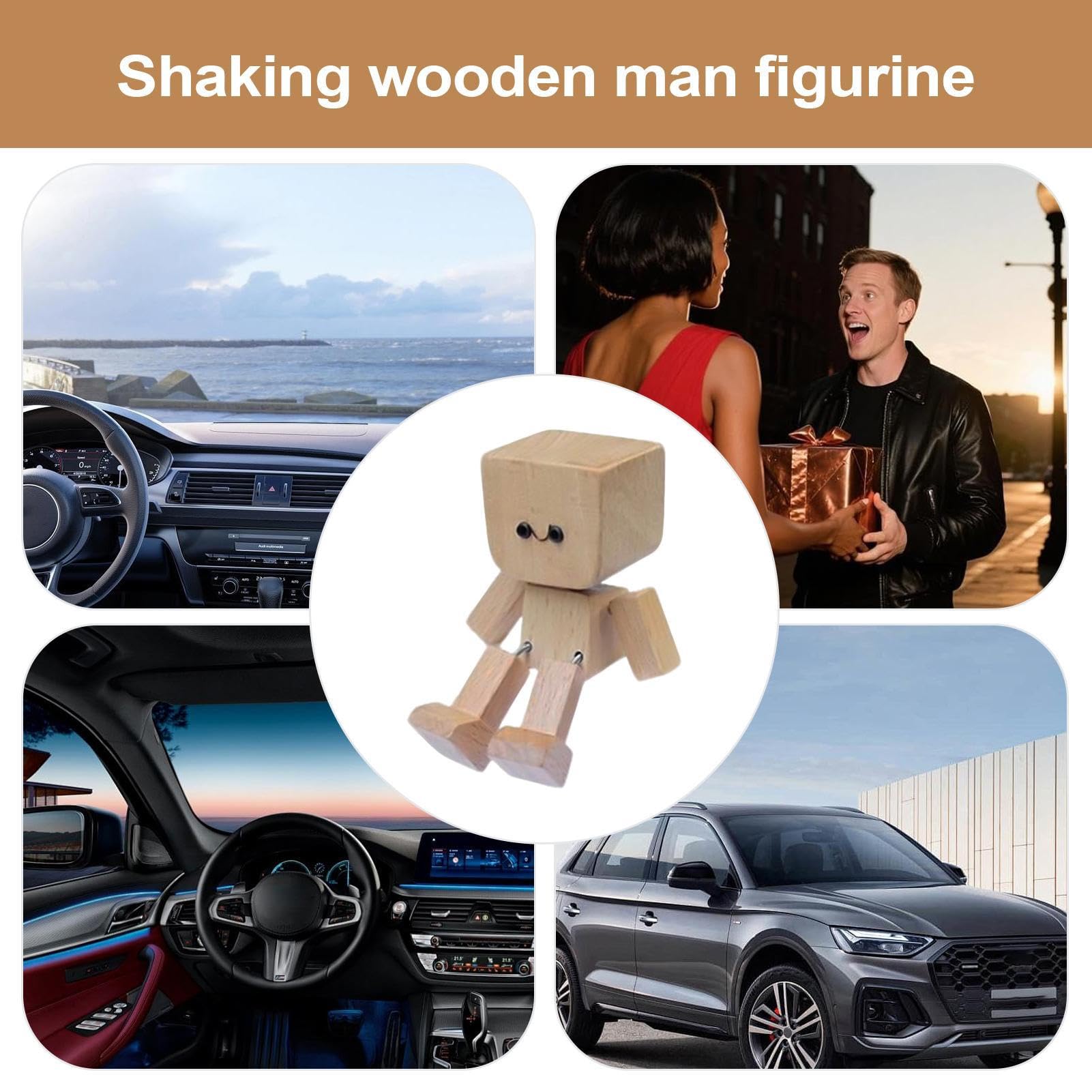 Ornamenti per auto per cruscotto, bambola in legno con base magnetica, 12 accessori intercambiabili per interni auto, per campeggio, pendolari, vacanze, viaggi su strada, lunghi viaggi