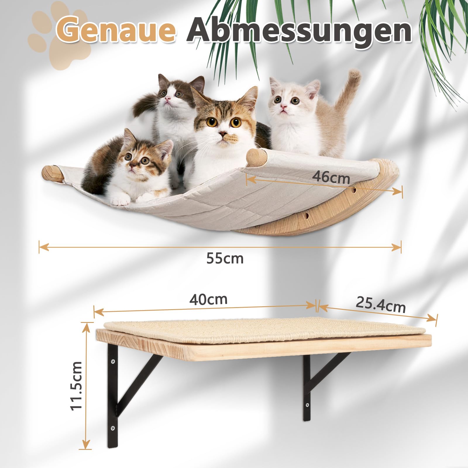 Katzen Kletterwand Set, 55cm x 46cm Katzenhängematte & Katzenwandregale & 2 Katzenleiter, 4er-Set Katzenwandparkour für Katzen, Katzen Wandelemente zum Schlafen und Ausruhen (XL, Beige)