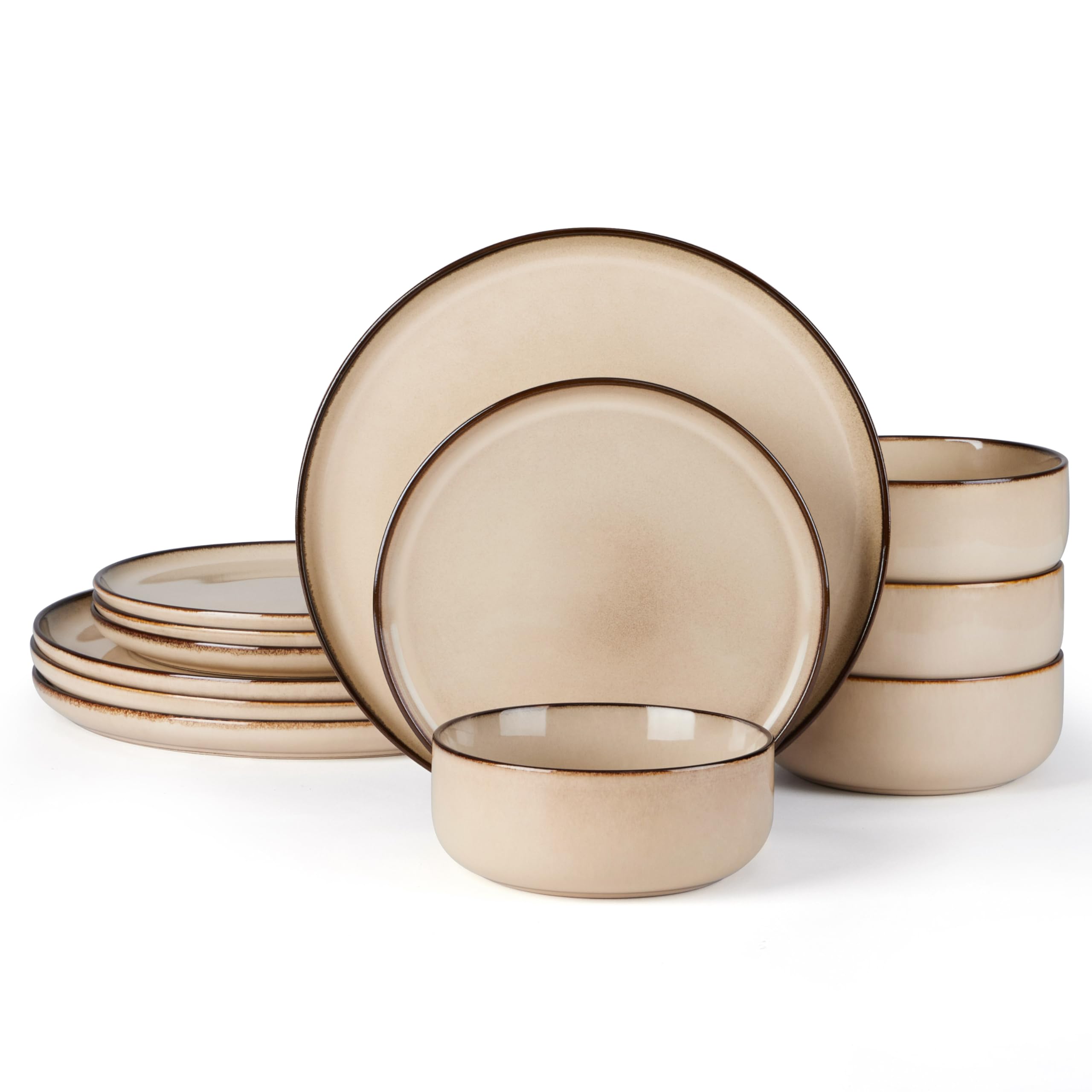 E-far 12-Piece Plates and Bowls Set, Stoneware Dinnerware Sets for 4, Reactive Glaze Ceramic Dinning Ware Dishes, Microwave & Dishwasher Safe - Sandy Beige
