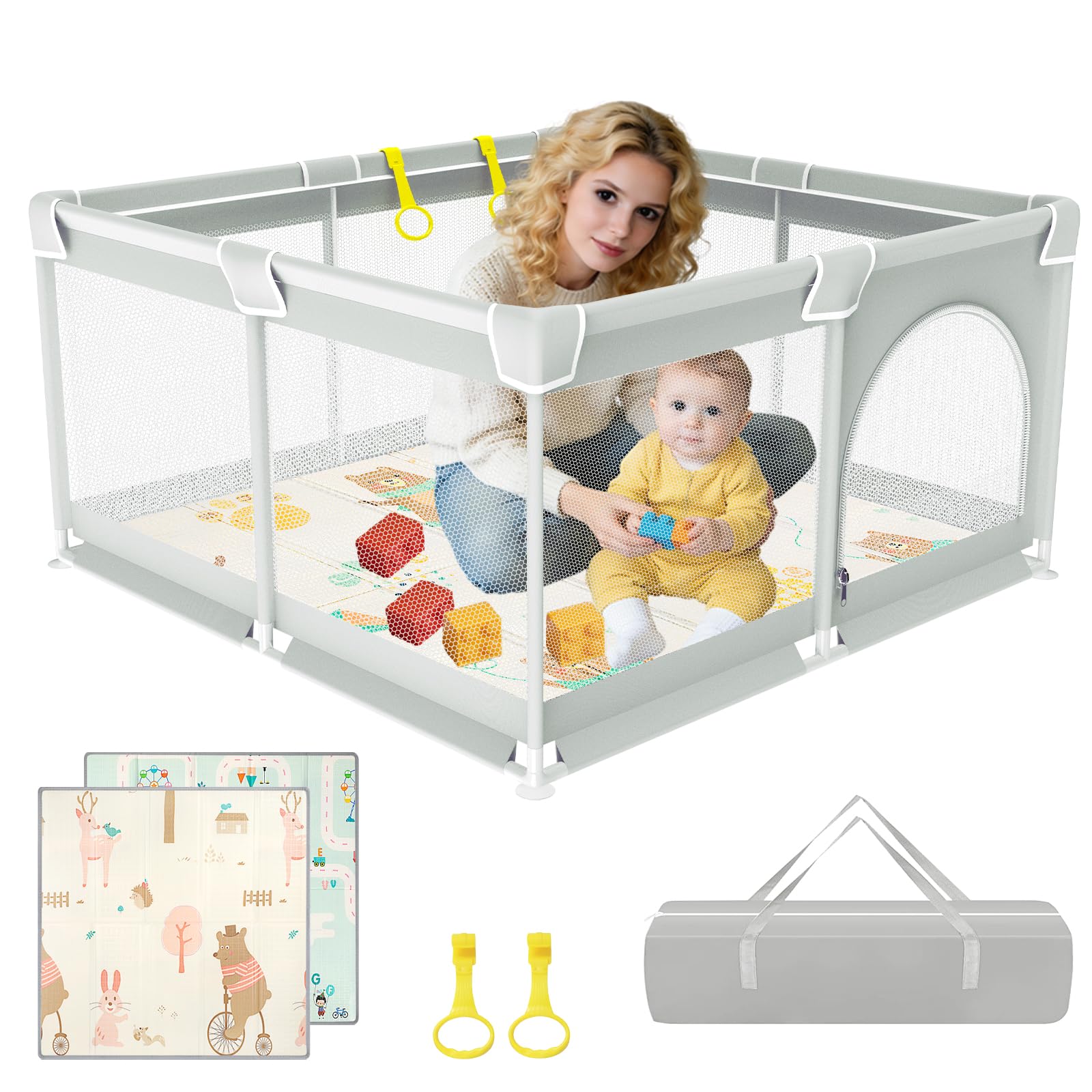 YOBWOK Baby Playpen with Mat,47x47inch Play Pen for Babies and Toddlers, Playard for Apartment, Kids Safety Play Yard Indoor Baby Fence Activity Center with Soft Breathable Mesh