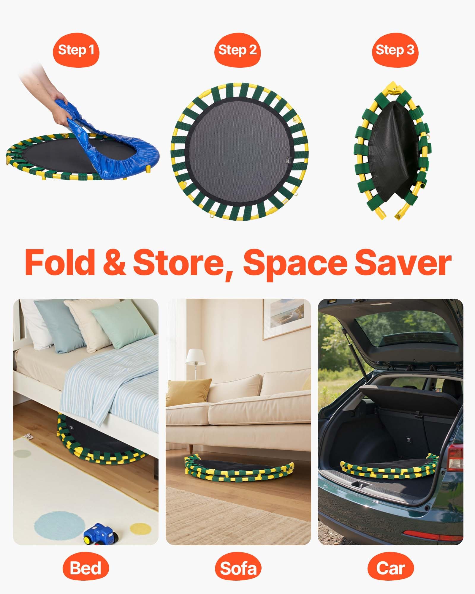 VEVOR Trampoline pour Enfants 92 cm Mini Trampoline Extérieur Intérieur Pliable pour Tout-Petits avec Poignée Mousse Trampoline Récréatif Exercices Cadeau d'anniversaire pour Enfants de 3 Ans et Plus