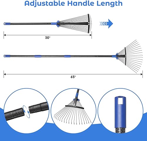 Miniatura 5 de Rastrillo de jardín ajustable para hojas, rastrillo de metal resistente con cabeza expandible de 8 a 17 pulgadas, mango largo para césped y patio