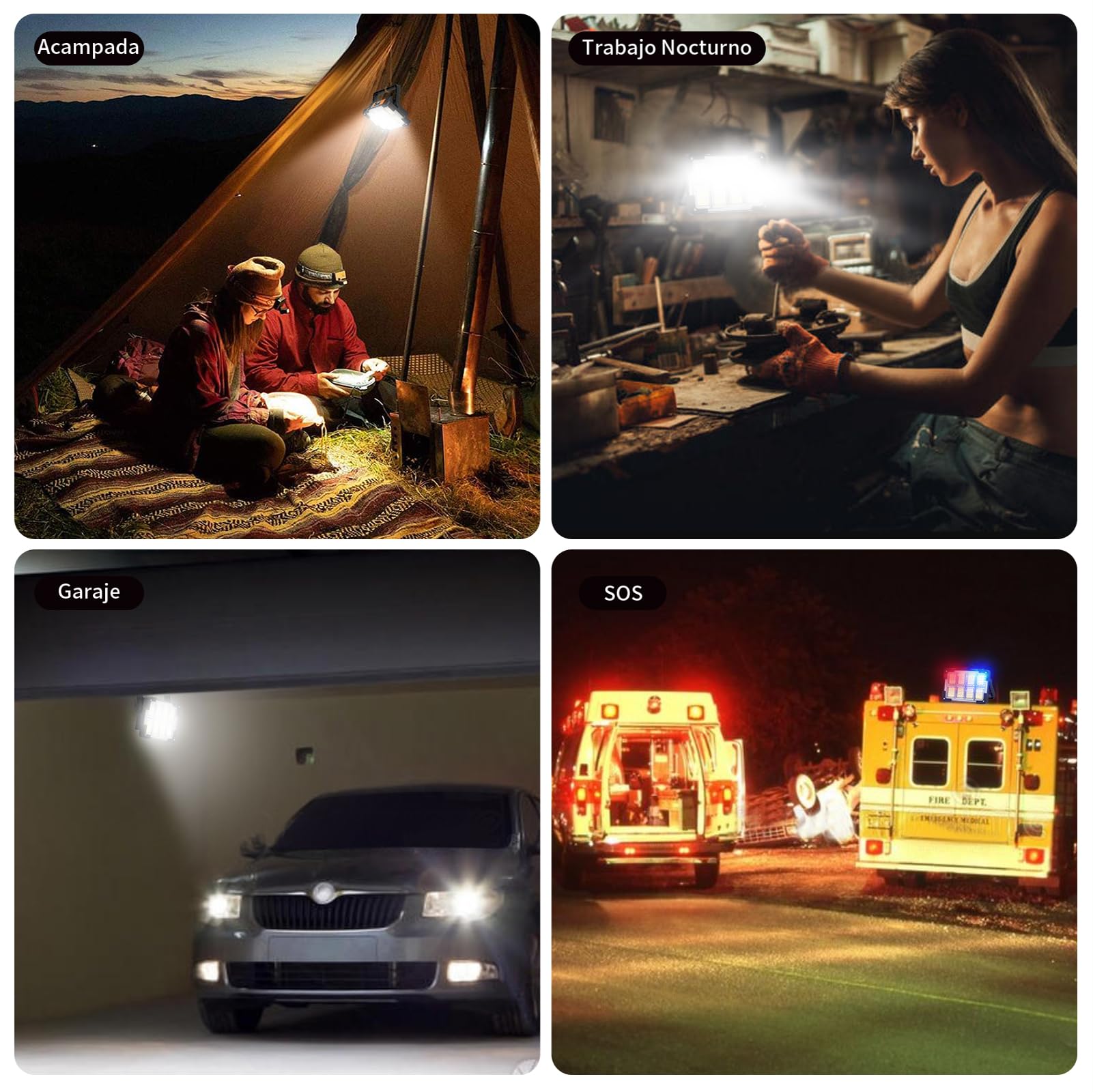 OHAYORI Foco LED Recargable, Luz de Trabajo Portátil USB de 4 Modos, 6000 mAh Banco de Energía, Luz de Trabajo LED Solar Impermeable para Exteriores para Acampar, Jardín, Pesca, Garaje, Emergencia
