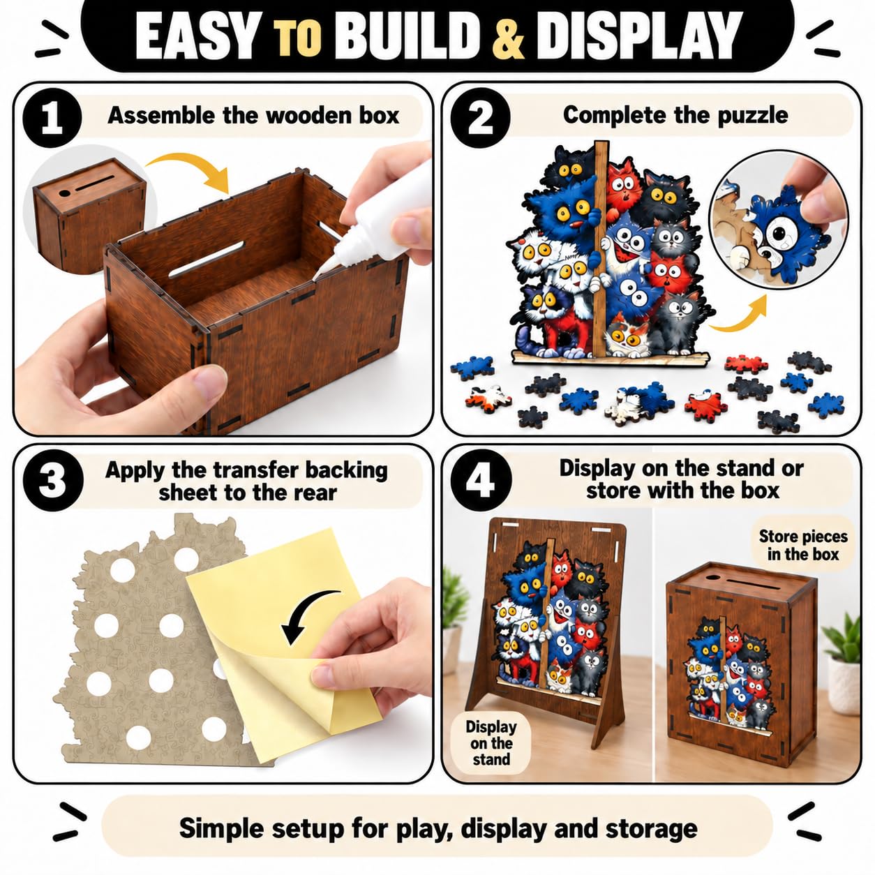 Drewniana układanka dla dorosłych 3D kot dekoracja ścienna DIY puzzle