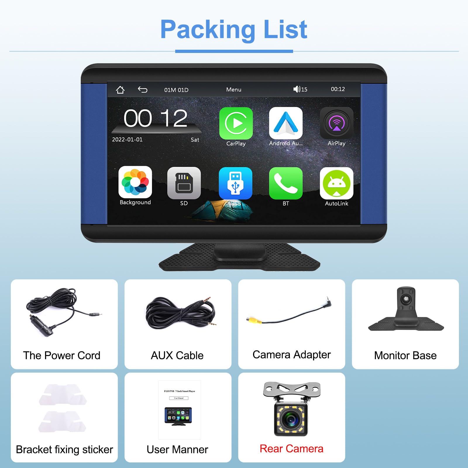 Podofo Wireless Carplay e Android Auto Autoradio Portatile 7" HD Touchscreen Autoradio con Bluetooth, Trasmissione FM, Airplay, Mirror Link & Telecamera per La Retromarcia