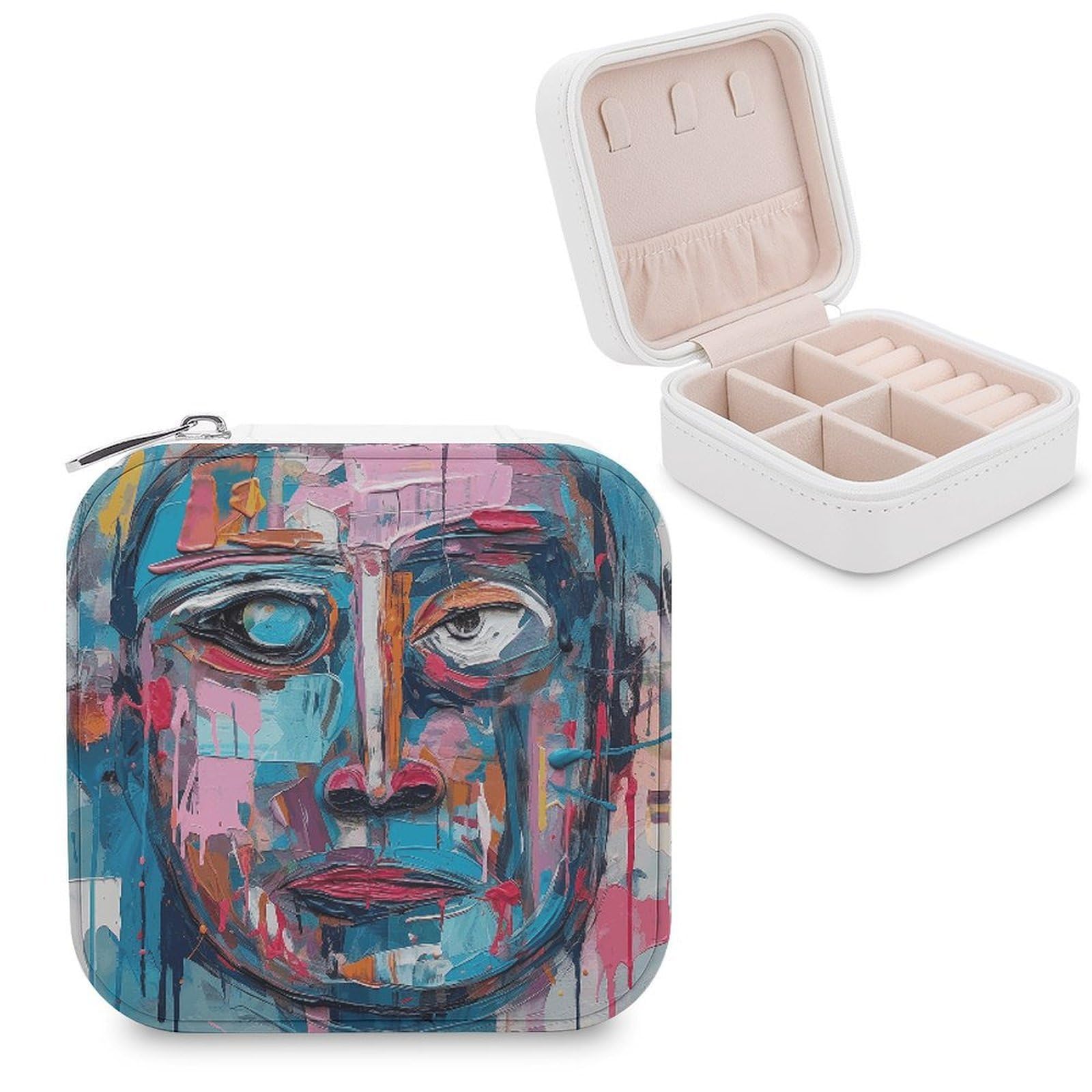 FekiLoot Peach And Blue Face Jewelry Case Personalized Leather Jewelry Box Mini Travel Jewelry Case Small Portable Jewelry Organizer for Ring Earrings Necklace Bracelet
