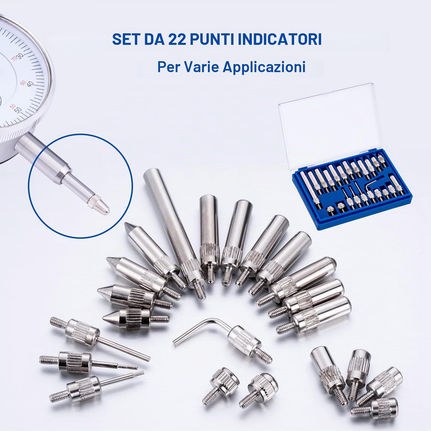 KATSU Indicatore a Quadrante Calibro con Base Magnetica e Set di 22 Punti Indicatori, DTI 0-10mm 0.01mm Strumenti di Misura ad Alta Precisione 401118