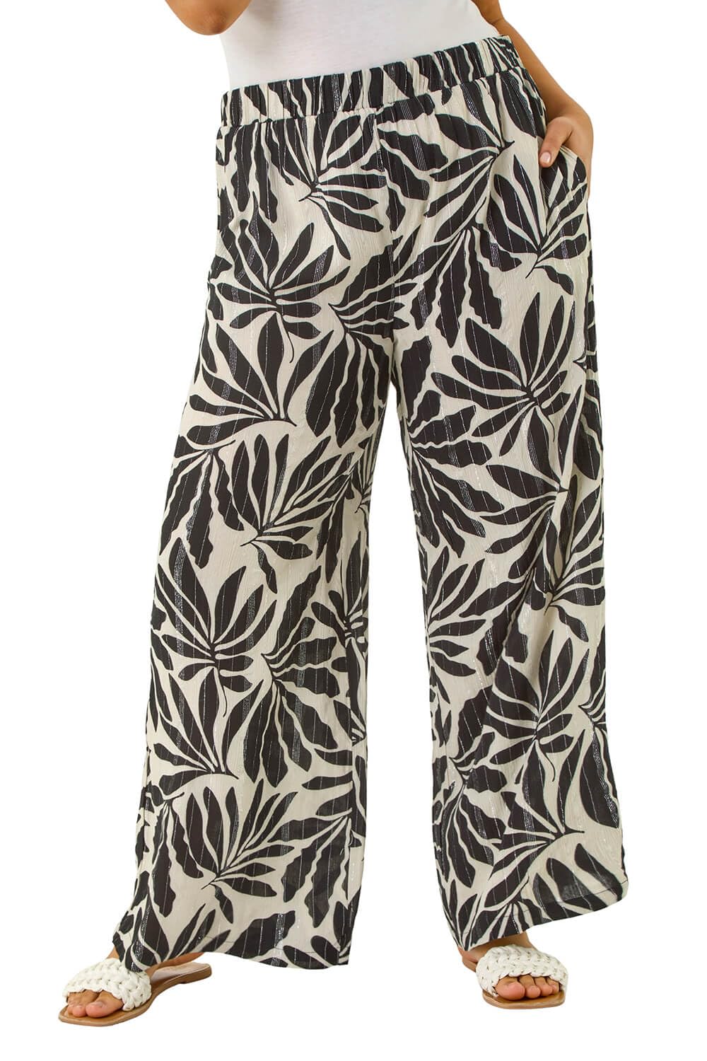 Roman Originals Women's Noir Leaf Plus Roman Curve Abstract Spot Print Palazzo Trouser For Uk - Everyday Holiday Spring Summer Comfy Soft Evening Vacation Work Party - Size 20