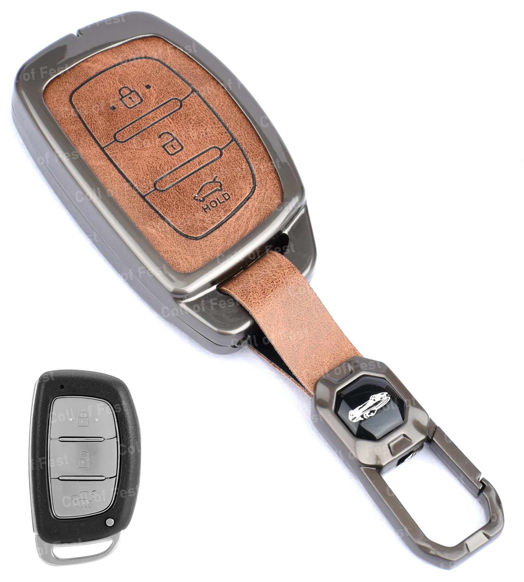 Coll of Fest Premium Metal Leather Key Cover Compatible with Hyundai I20, Creta, Venue, Tucson, Alcazar, Verna, Xcent, Aura, Elantra 3 Button Flip Key Full Leather and Metal Protection with Keychain