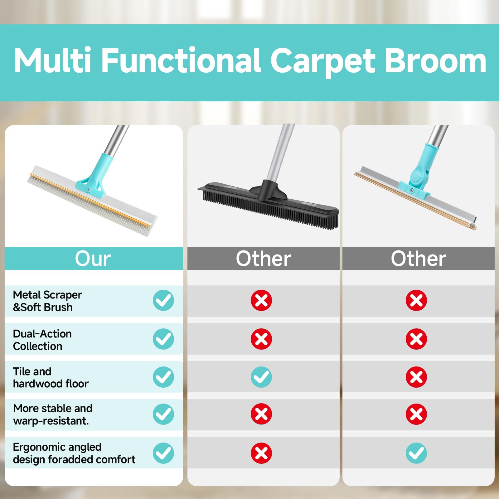 Carpet Rake for Pet Hair Removal Tool, Reusable Pet Hair Remover Broom, Dog&Cat Hair Remover Scraper Rake with 54” Adjustable Long Handle, 3 Pcs Carpet Brush Rake for Rugs, Mats, Couch, Furniture - image 2