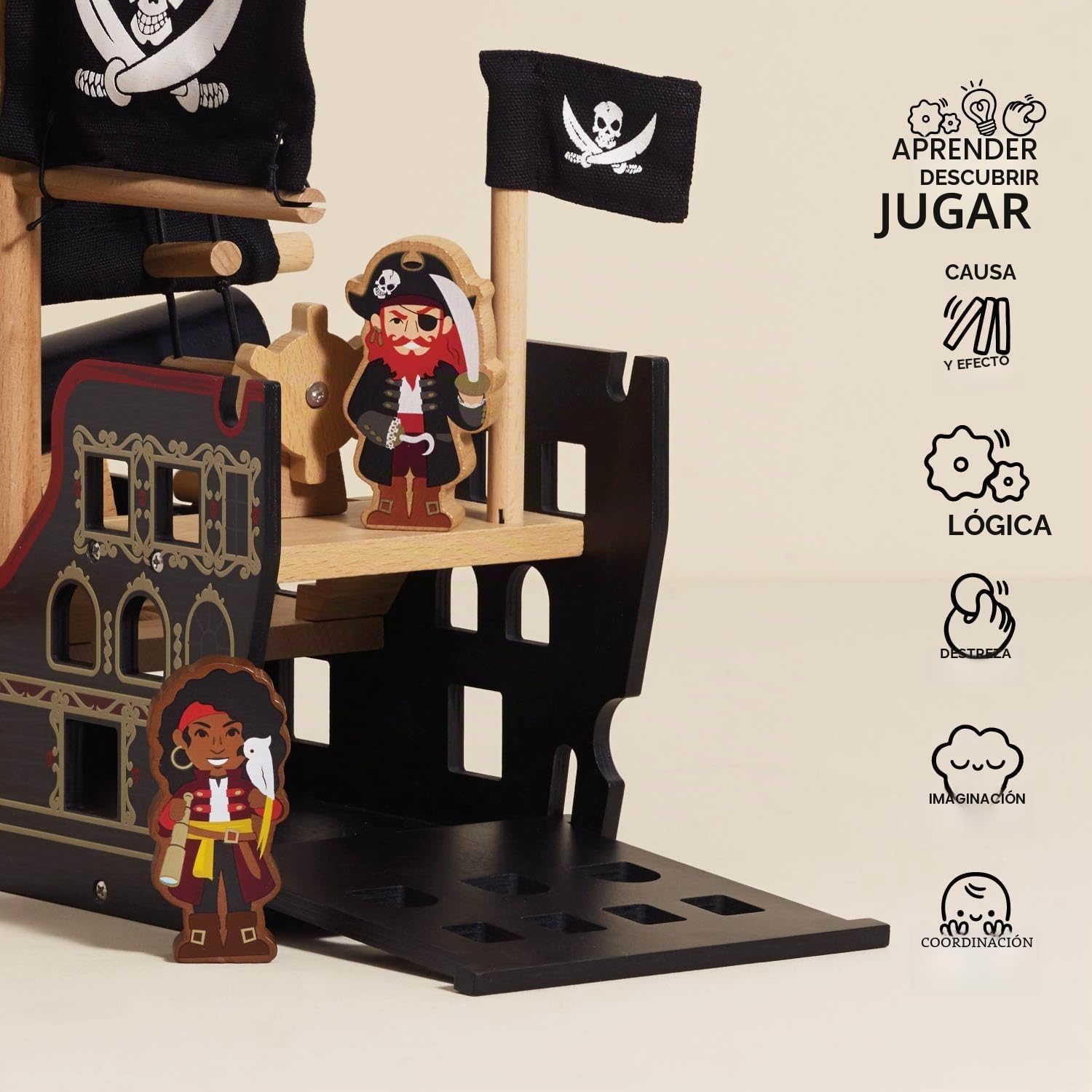 Le Toy Van - TV246 - Juego de Madera Galeón Pirata 3 años, Barco Pirata de Barbarroja, 2 Piratas incluidos, Brilla en la Oscuridad, 48 x 24 x 49 cm, Juegos ecológicos Montessori