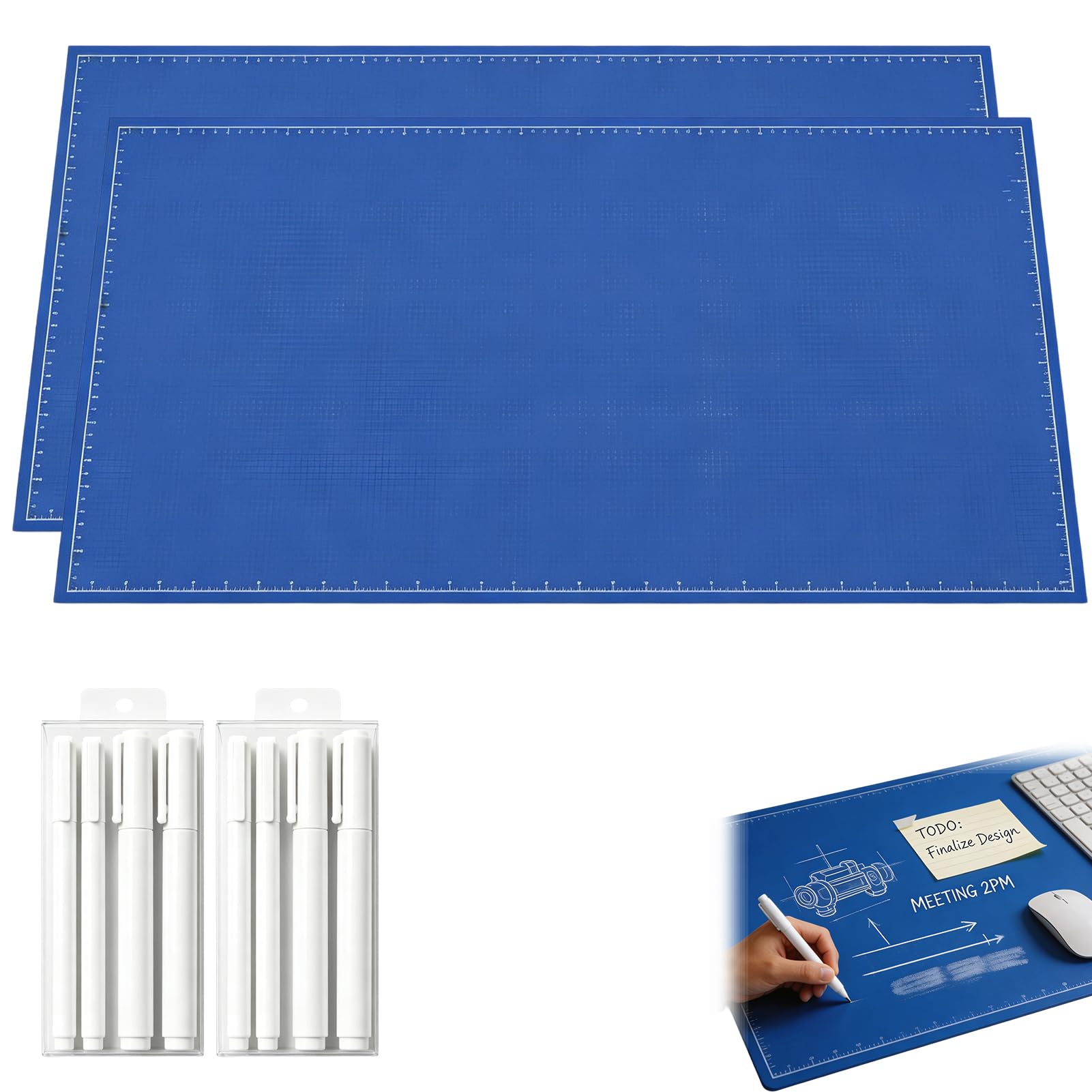 2027 Upgrade Blueprint Desk Mat - Blueprint Deskmat Includes Marker, 28" × 12" Large Writable Desk Pad, A Double-Sided Deskmats to Draw, Erase & Redraw As Needed (2*Set)