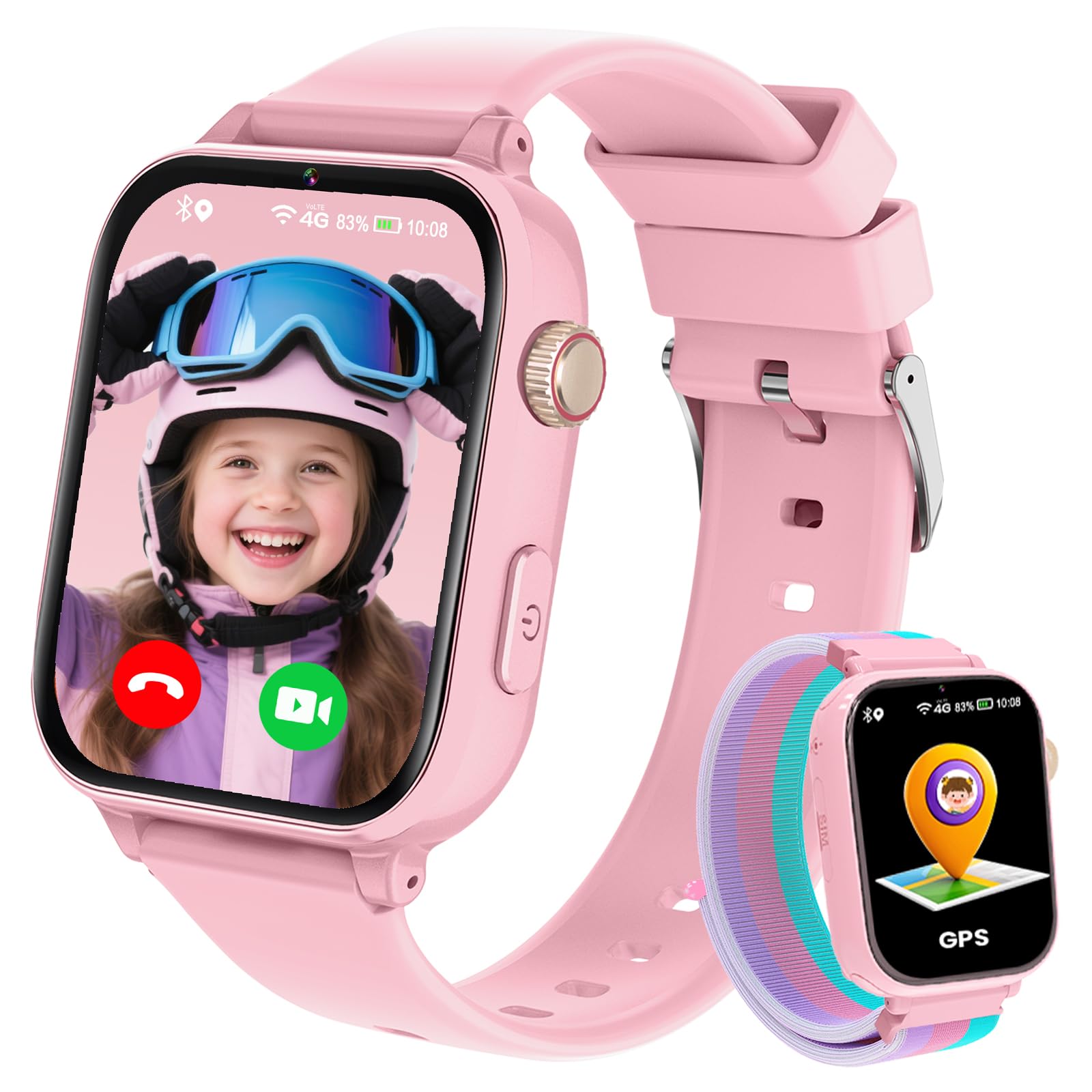 Smartwatch Bambini GPS 4G, Orologio Intelligente con Telefono, Videochiamata, Chat, SOS, Sveglia, Contapassi, Camera, Modalità Classe, Gioco, Smart Watch per Ragazza e Ragazzo 4-12 Anni Regalo, Rosa