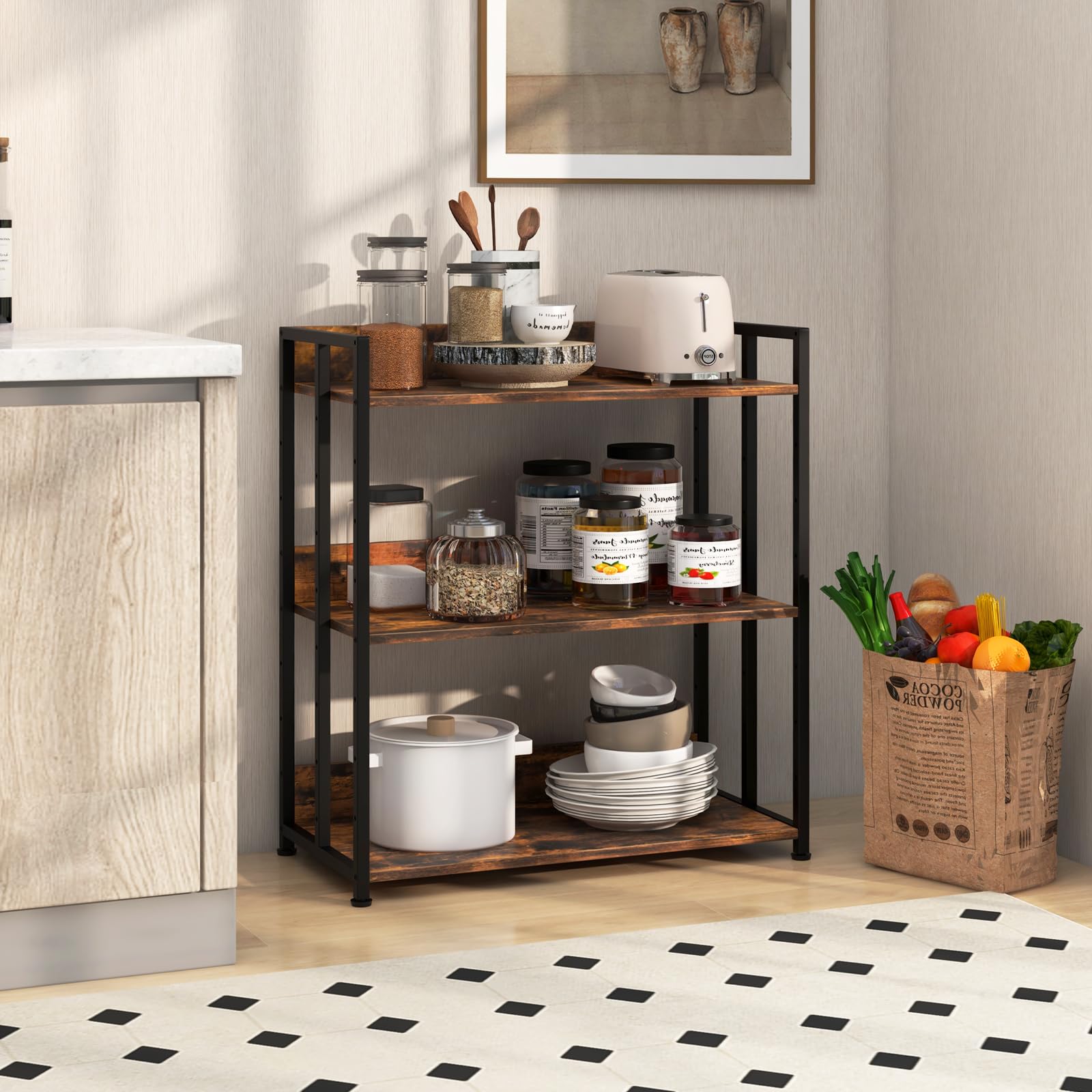 HOMASIS Libreria Scaffale Multiusa a 3/5 Ripiani Regolabili, Libreria Industriale da Terra con Dispositivo Anti-Ribaltamento, Scaffale Angolare da Soggiorno, Studio, Cucina (Marrone, 70 x 35 x 81 cm)